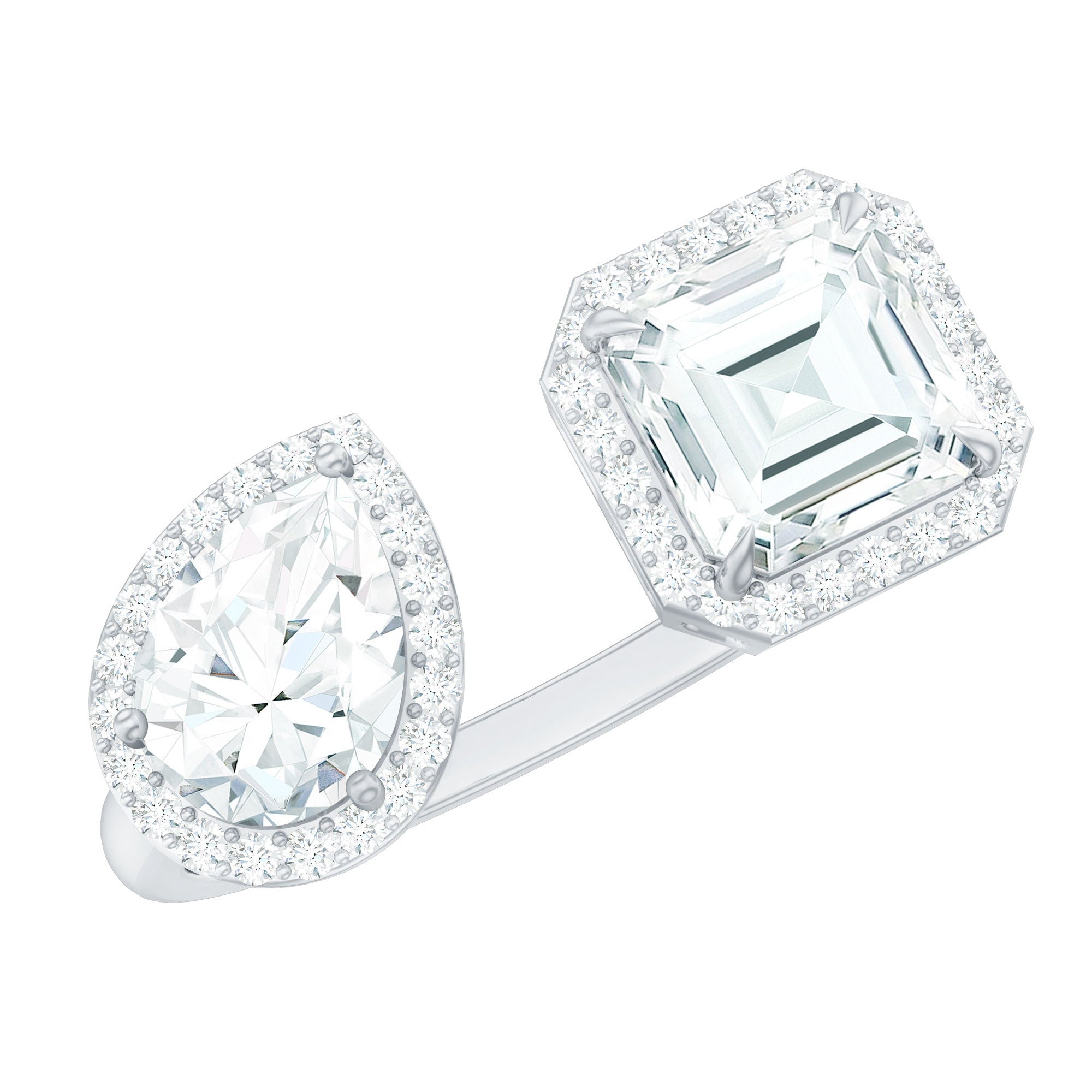 Asscher and Pear Cut Moissanite Two Stone Engagement Ring