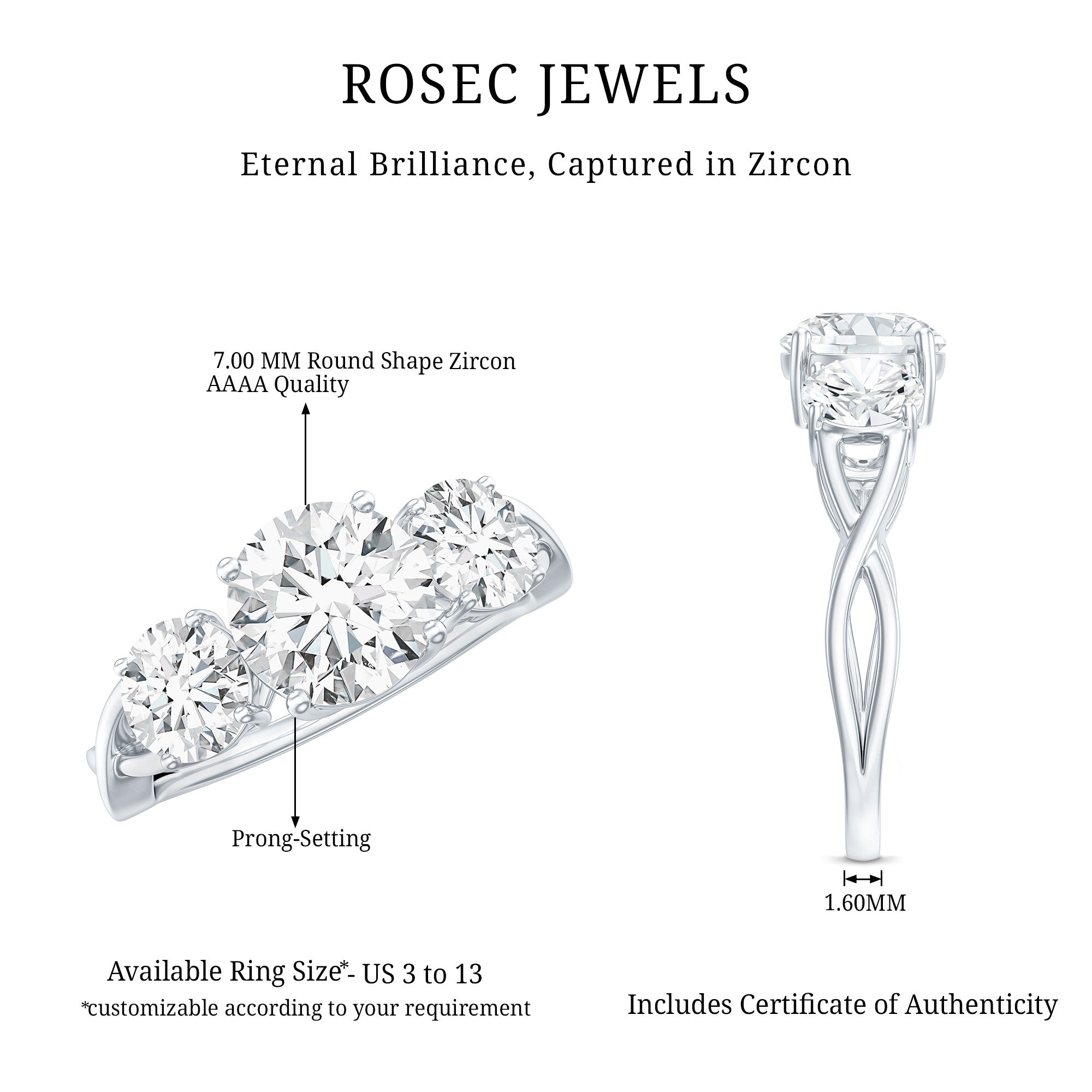 3 Stone Round Cubic Zirconia Crossover Engagement Ring AAAA - Rosec Jewels