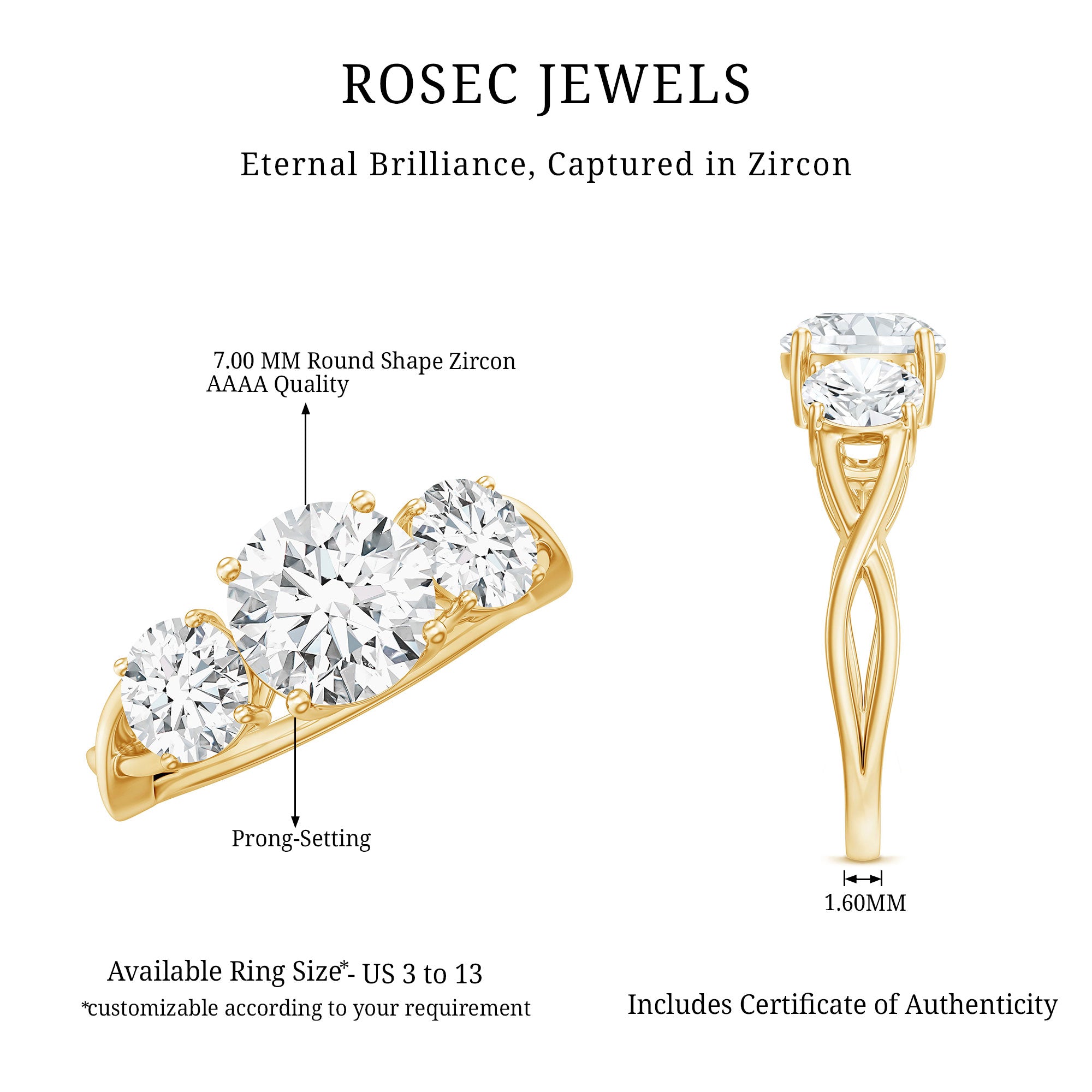 3 Stone Round Cubic Zirconia Crossover Engagement Ring AAAA - Rosec Jewels
