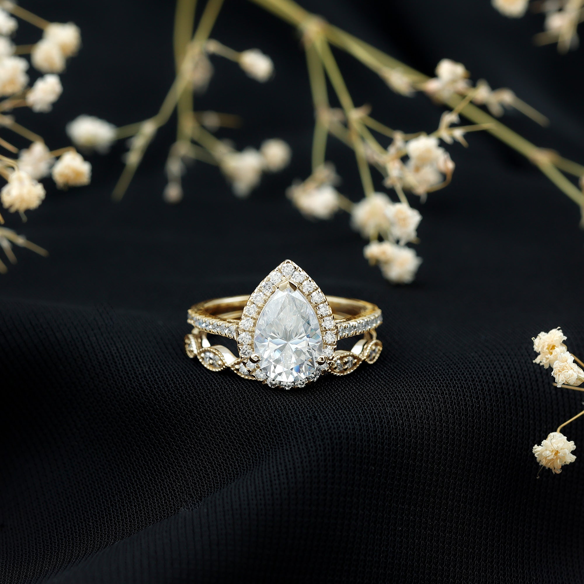 Certified Moissanite Teardrop Engagement Ring Set D-VS1 - Rosec Jewels
