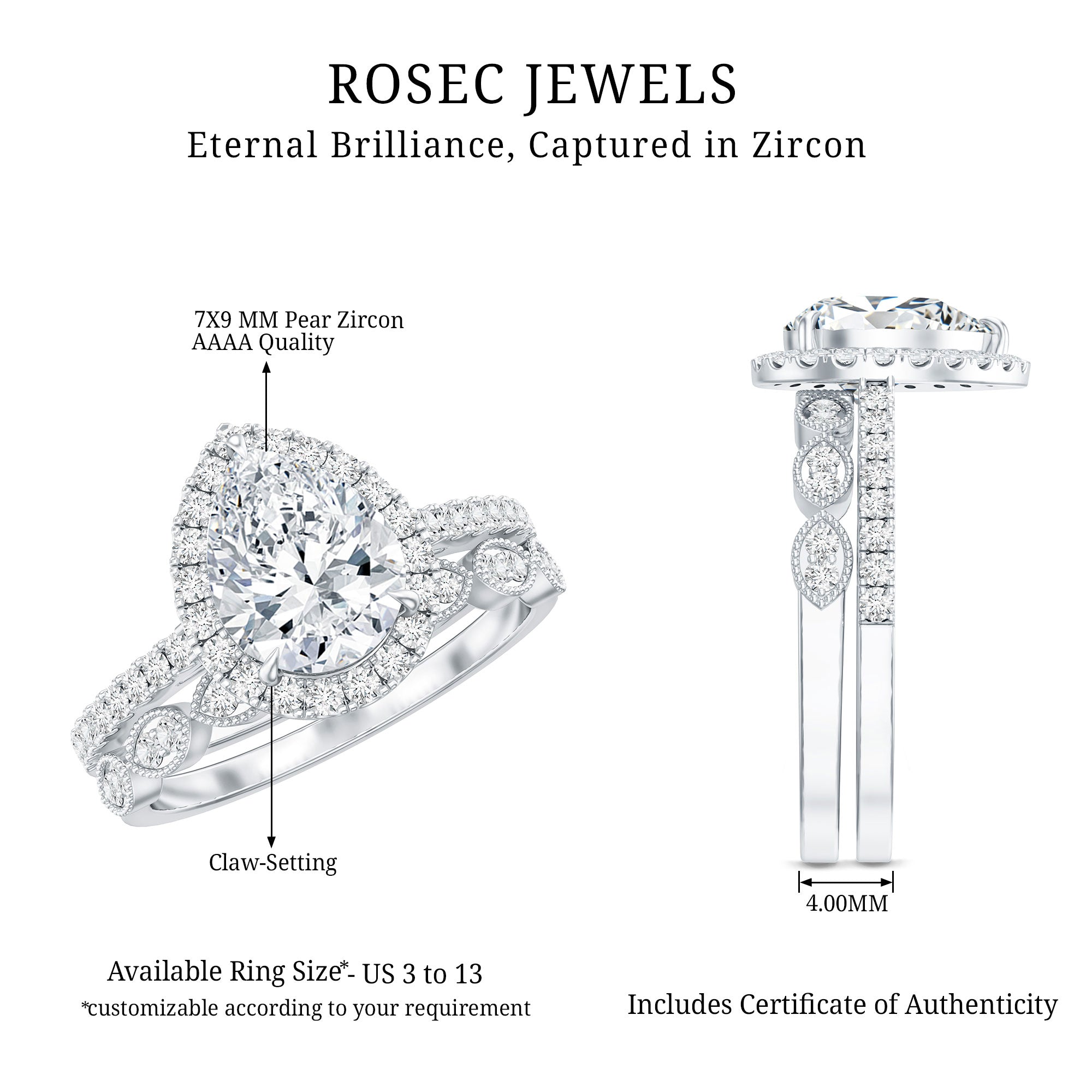 1.49 Carat Cubic Zirconia Teardrop Wedding Ring Set for Women AAAA - Rosec Jewels