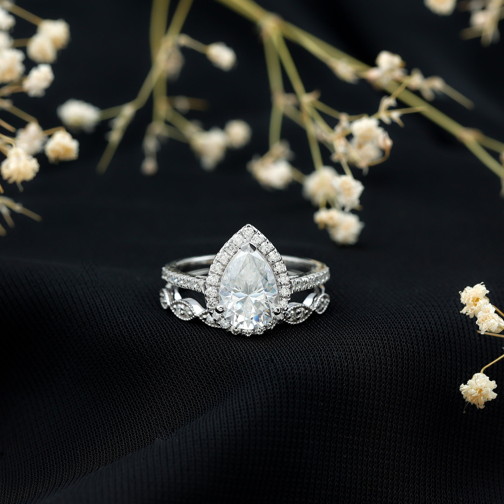 1.49 Carat Cubic Zirconia Teardrop Wedding Ring Set for Women AAAA - Rosec Jewels