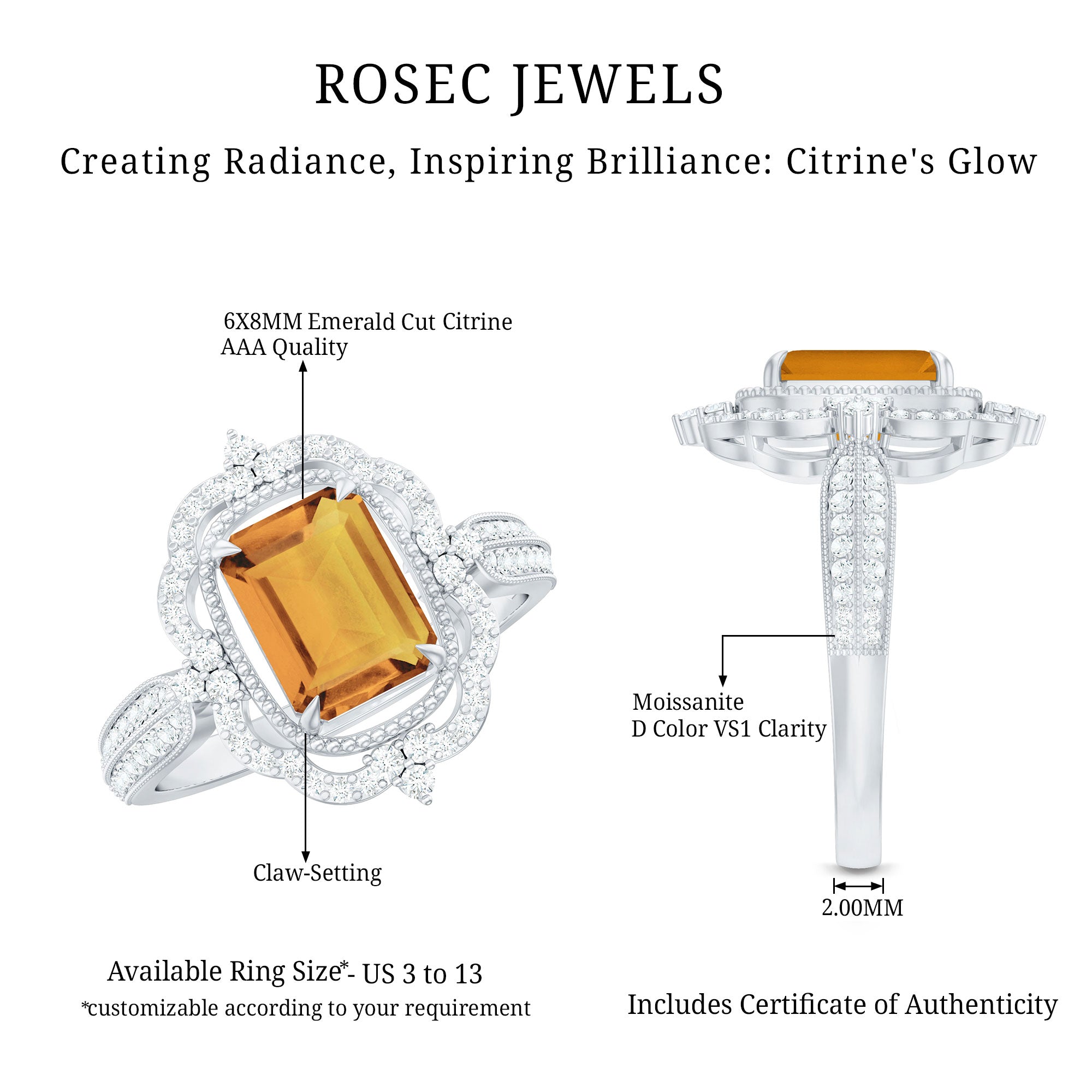 Vintage Inspired Citrine Emerald Cut Engagement Ring with Moissanite Halo AAA - Rosec Jewels