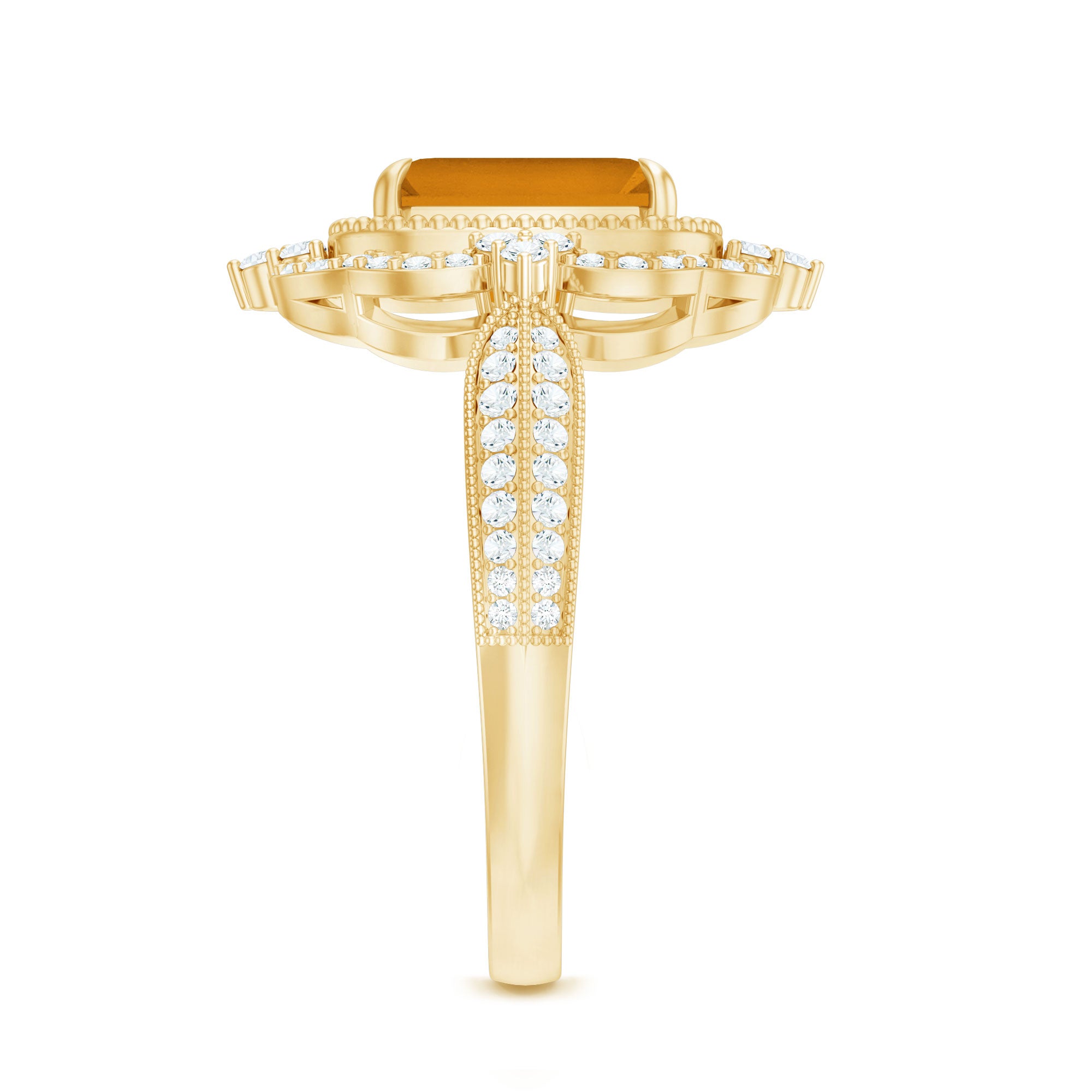 Vintage Inspired Citrine Emerald Cut Engagement Ring with Moissanite Halo AAA - Rosec Jewels