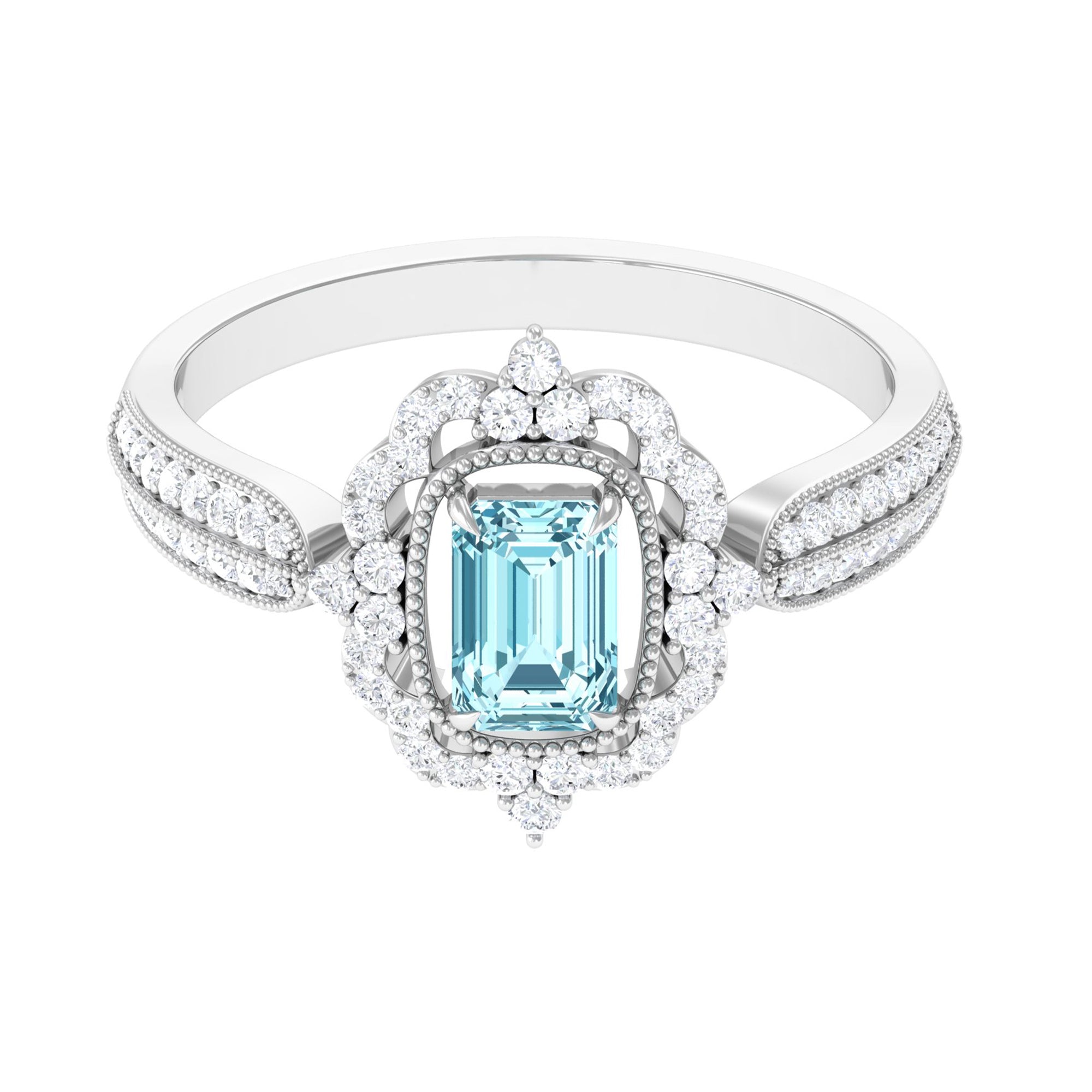 Real Emerald Cut Aquamarine Vintage Looking Engagement Ring with Diamond