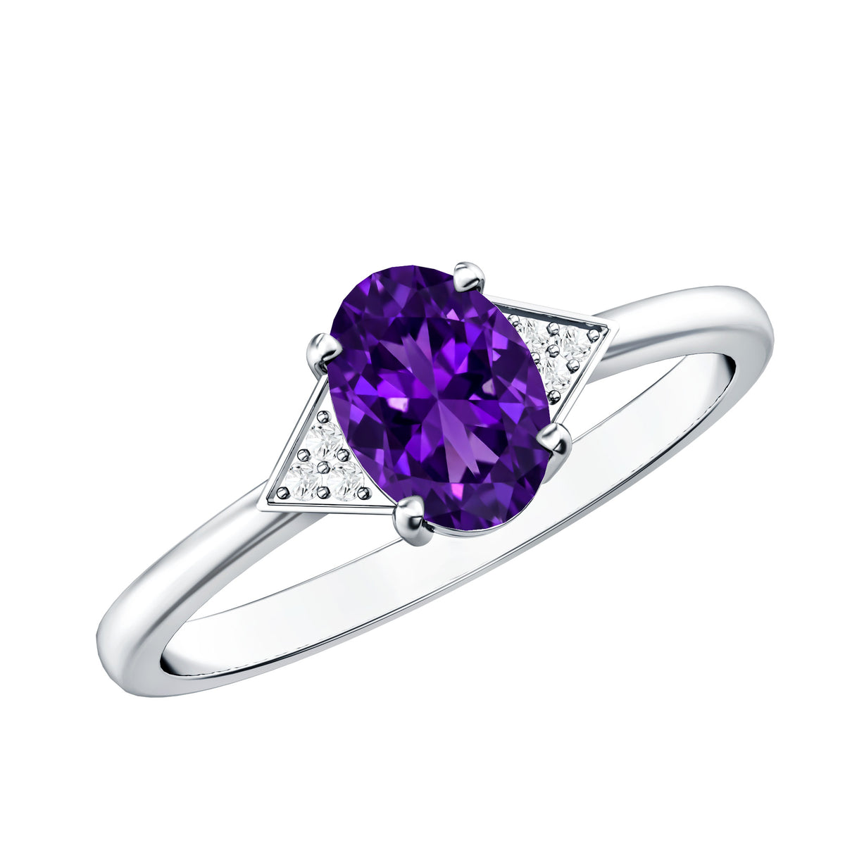 Natural 1 Carat Amethyst Oval Engagement Ring with Diamond Trio AAA - Rosec Jewels
