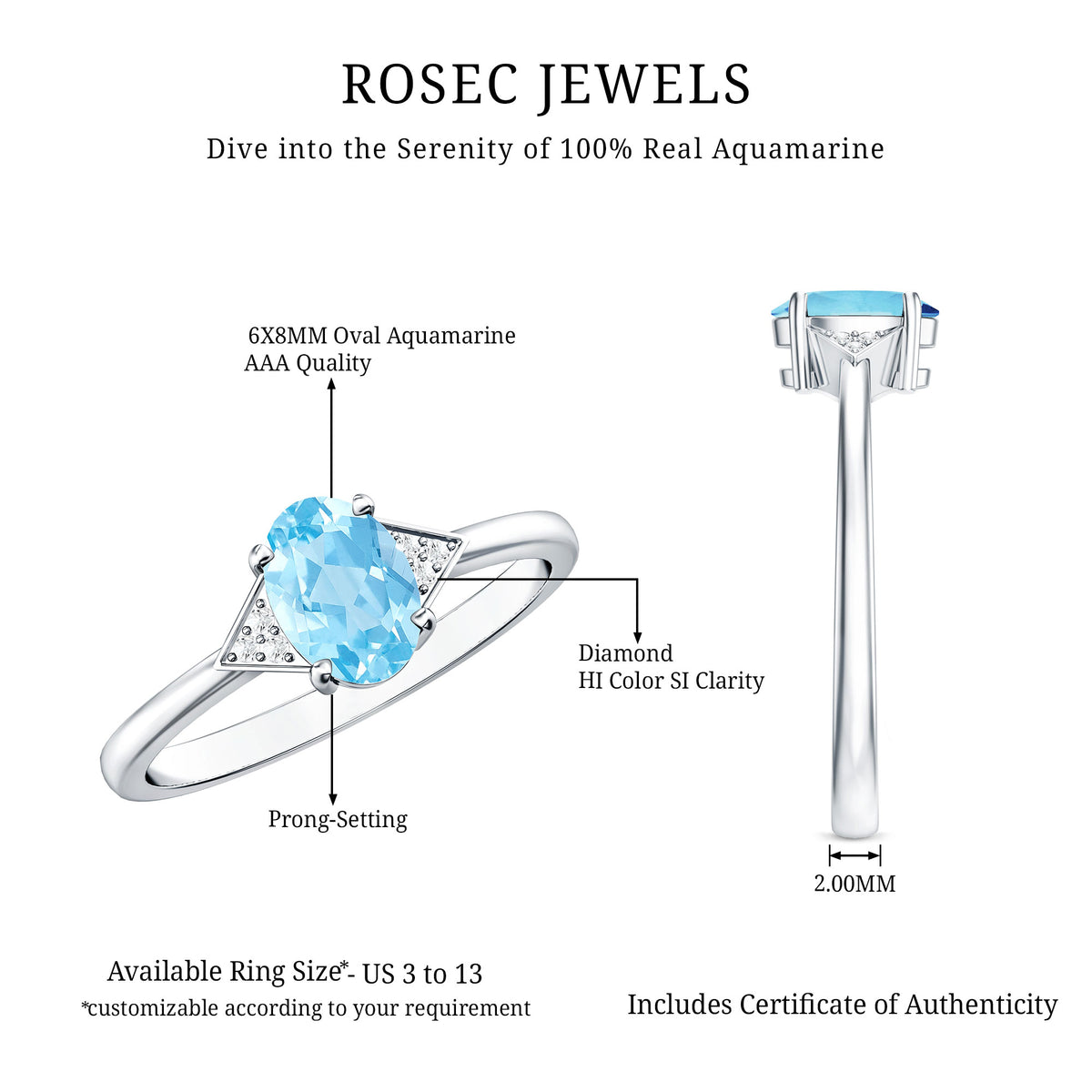 Genuine 1 Carat Aquamarine Oval Engagement Ring with Diamond AAA - Rosec Jewels
