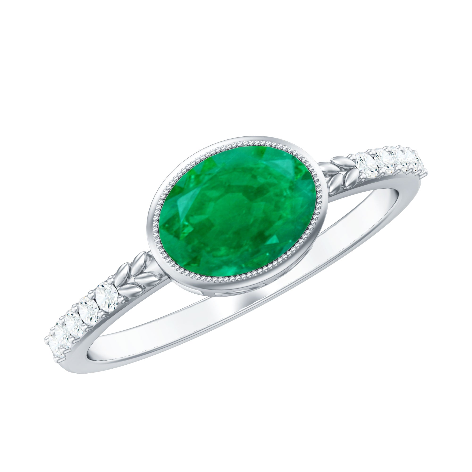 Rosec Jewels-Natural Oval Shape Emerald East West Engagement Ring with Diamond