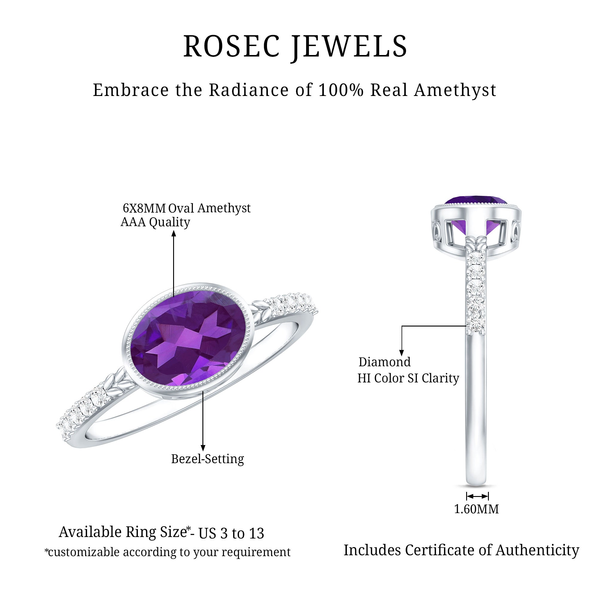 Oval Amethyst Solitaire Engagement Ring with Diamond AAA - Rosec Jewels