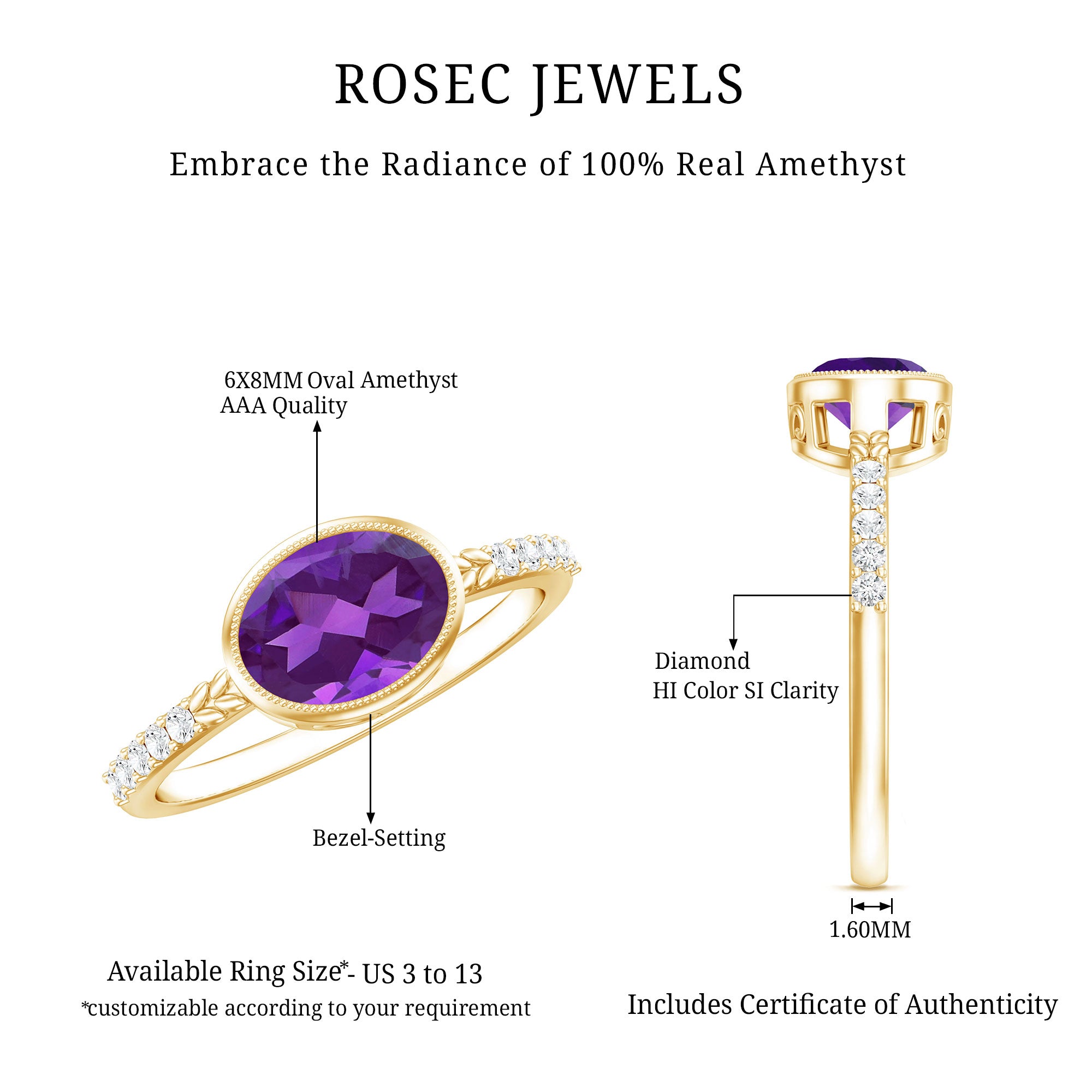 Oval Amethyst Solitaire Engagement Ring with Diamond AAA - Rosec Jewels