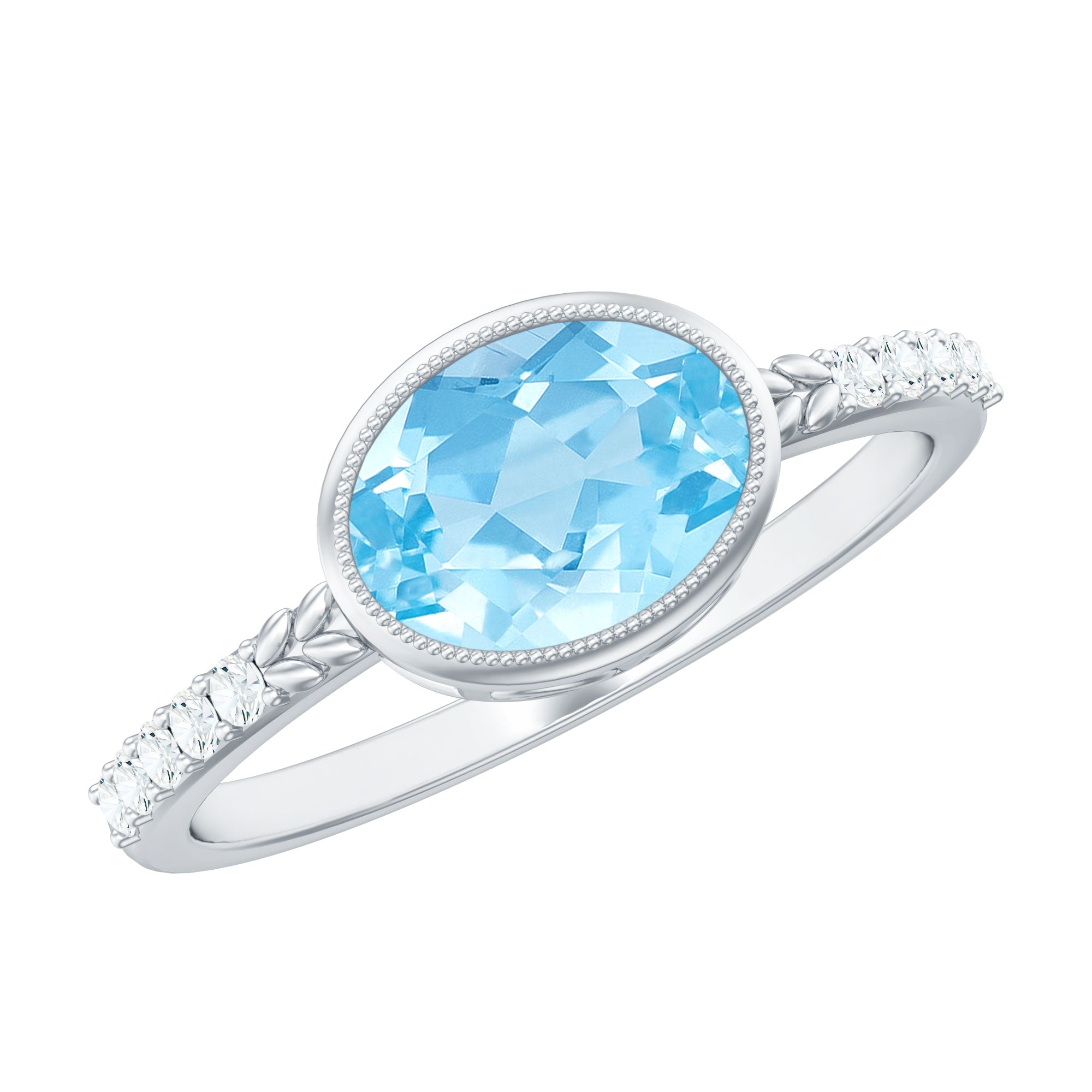 Natural Aquamarine Diamond Oval Engagement Ring in East West Style