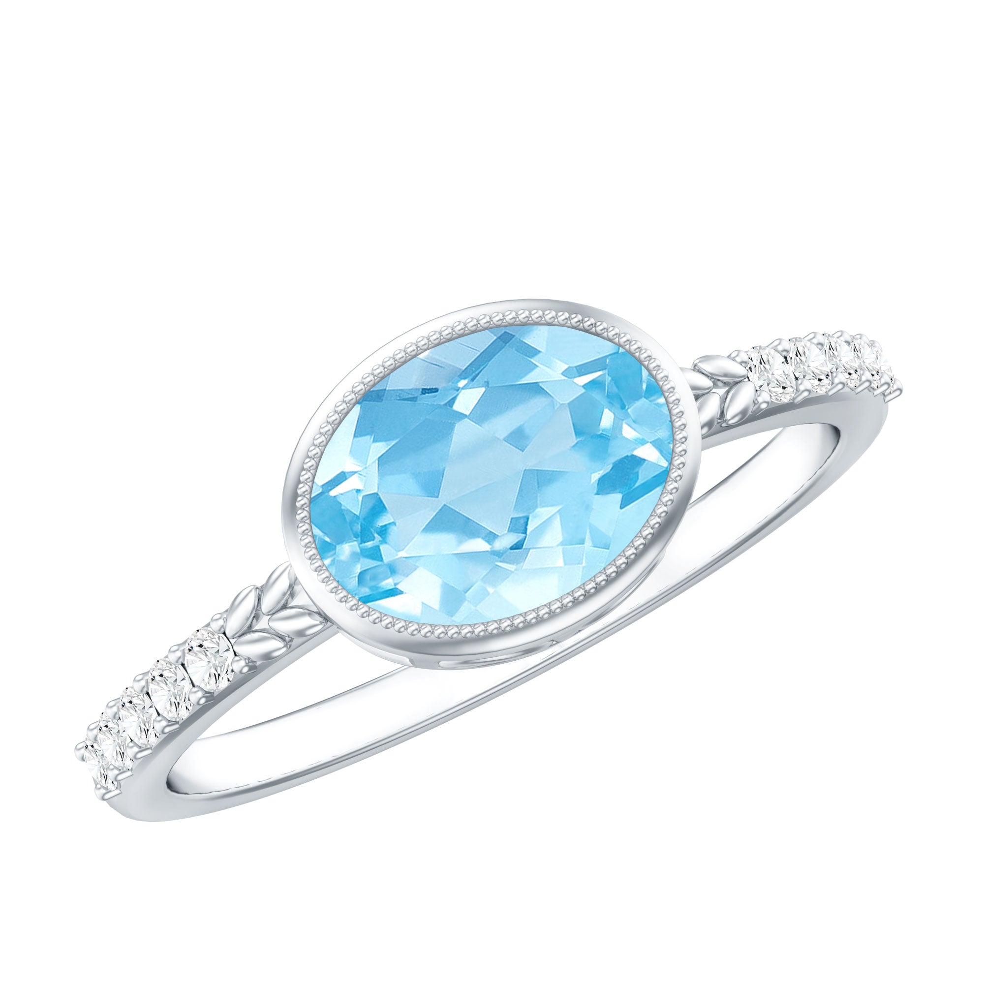 Natural Aquamarine Diamond Oval Engagement Ring in East West Style AAA - Rosec Jewels