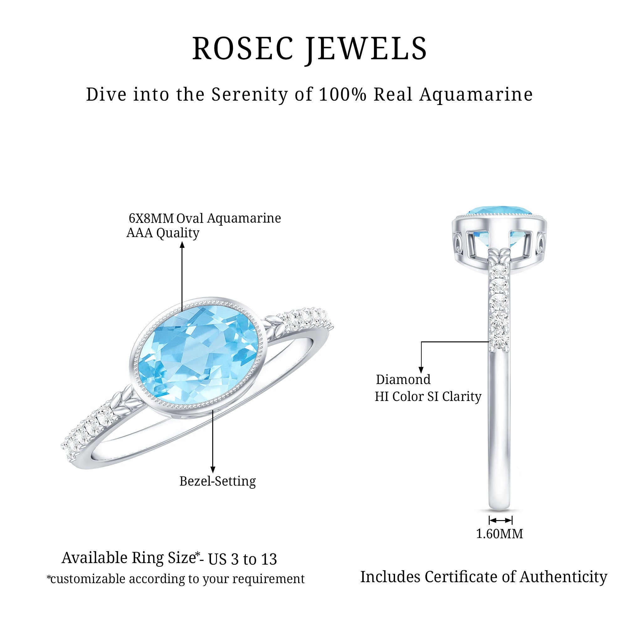 Natural Aquamarine Diamond Oval Engagement Ring in East West Style AAA - Rosec Jewels
