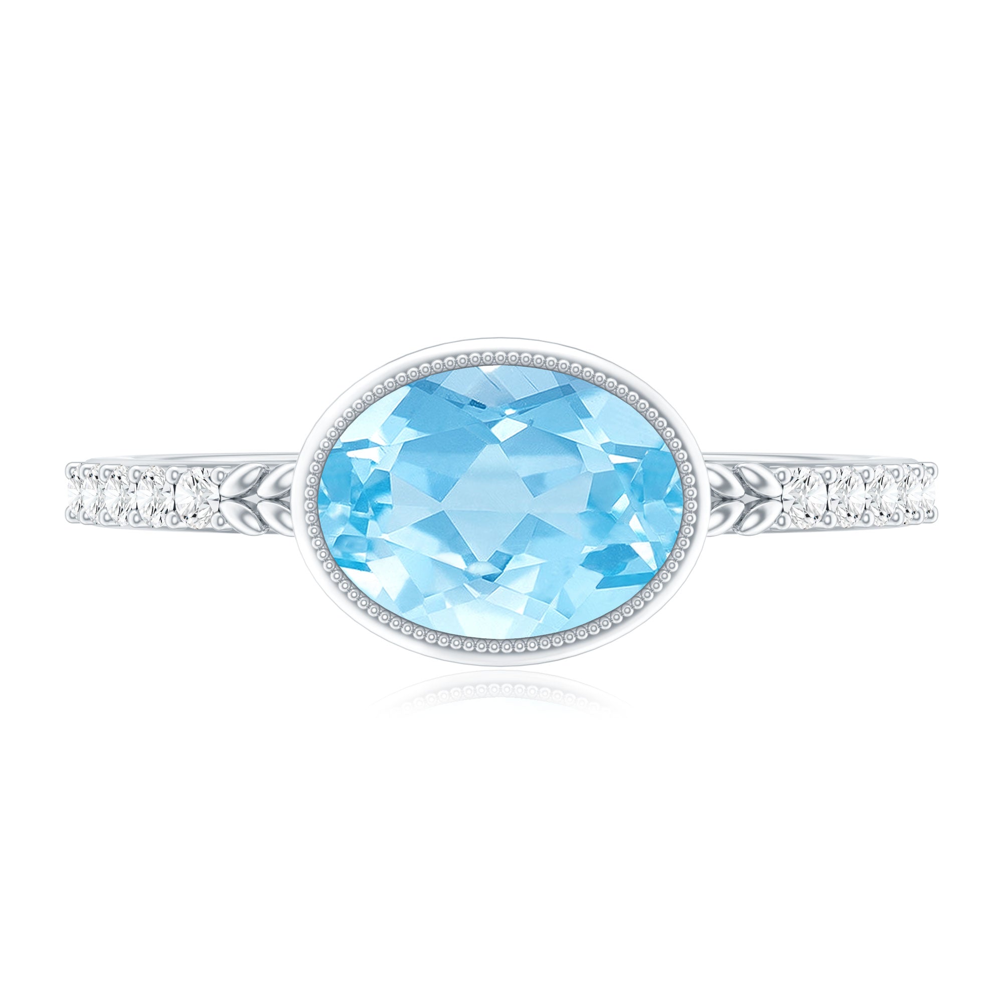 Natural Aquamarine Diamond Oval Engagement Ring in East West Style AAA - Rosec Jewels