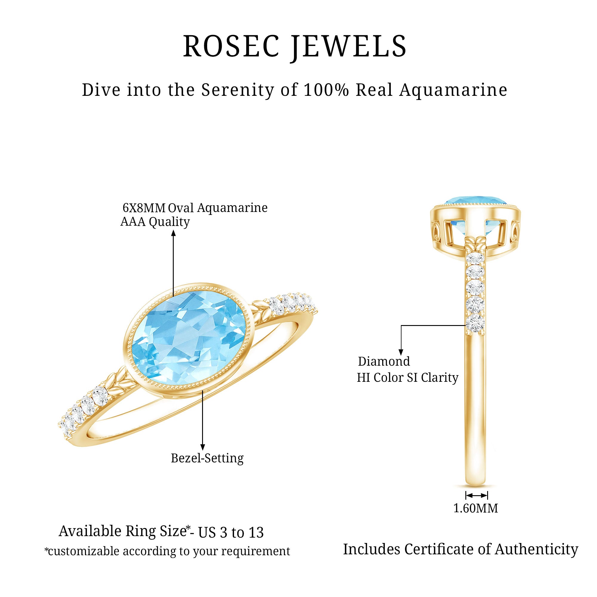 Natural Aquamarine Diamond Oval Engagement Ring in East West Style AAA - Rosec Jewels
