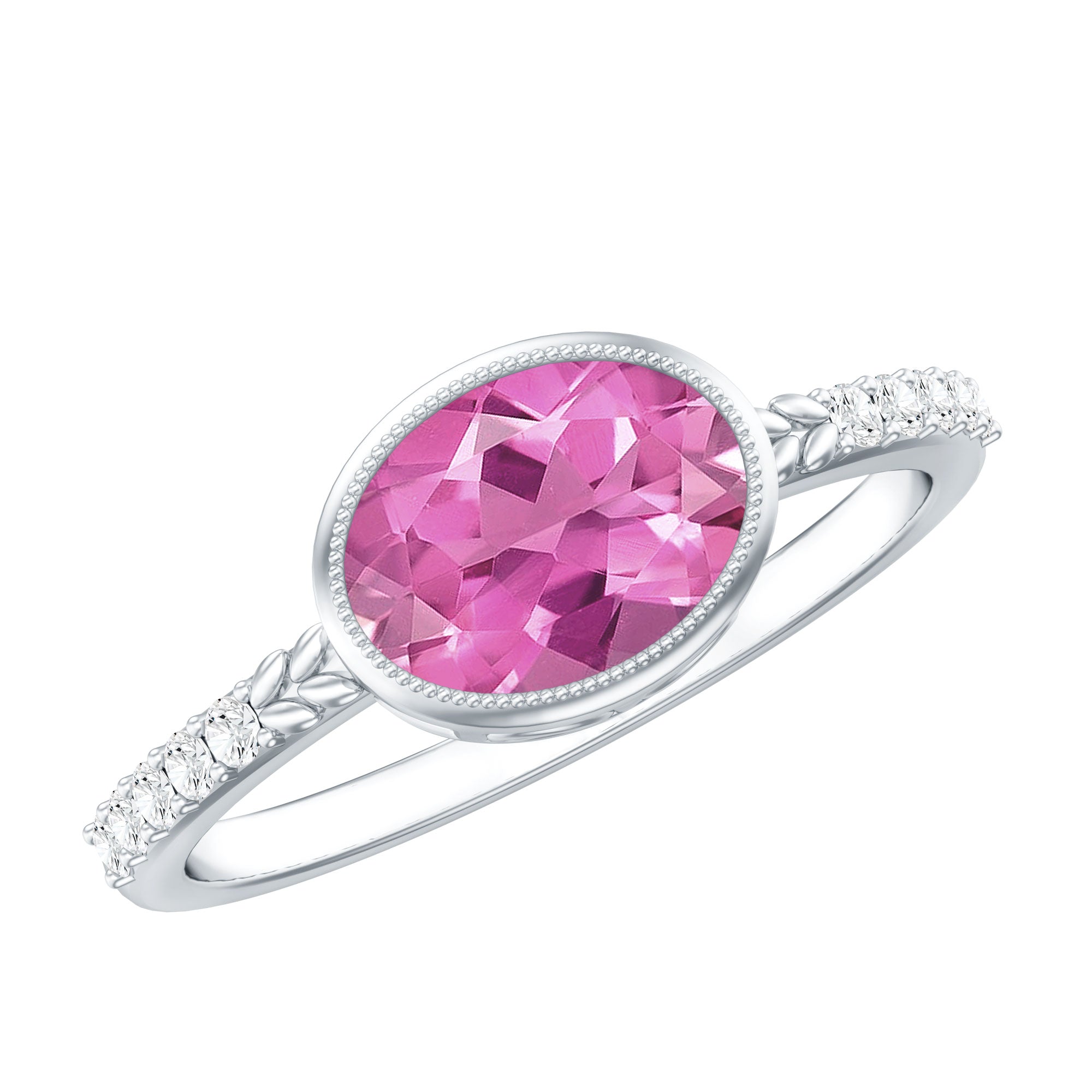 1 Carat Oval Pink Tourmaline East West Engagement Ring with Diamond AAA - Rosec Jewels