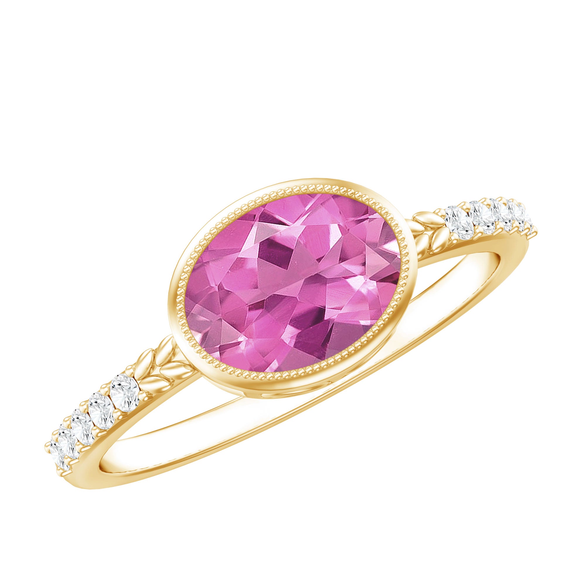 1 Carat Oval Pink Tourmaline East West Engagement Ring with Diamond AAA - Rosec Jewels