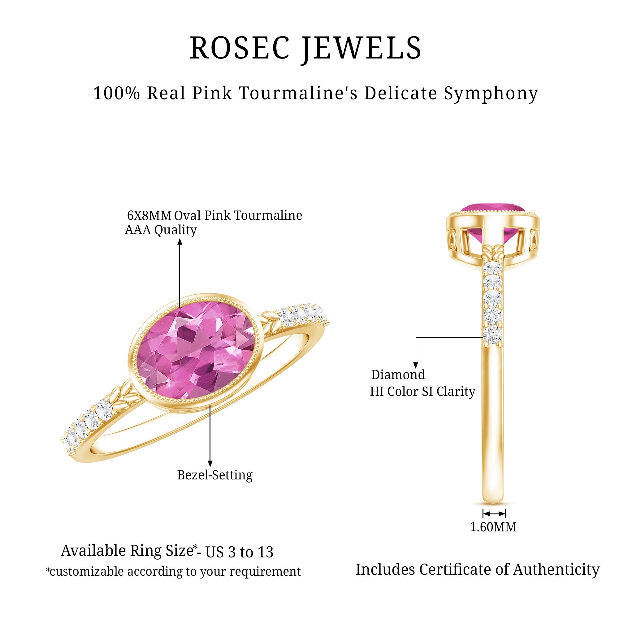 1 Carat Oval Pink Tourmaline East West Engagement Ring with Diamond AAA - Rosec Jewels