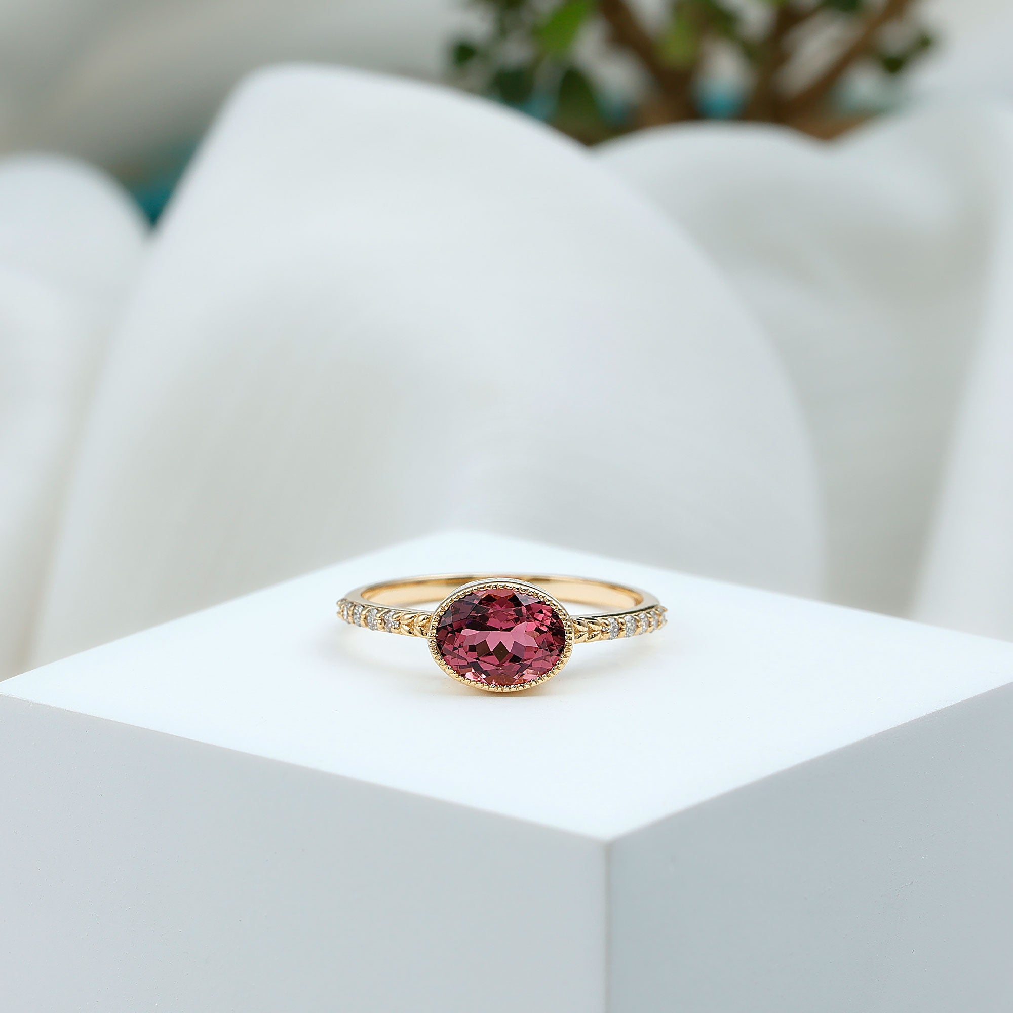 1 Carat Oval Pink Tourmaline East West Engagement Ring with Diamond AAA - Rosec Jewels