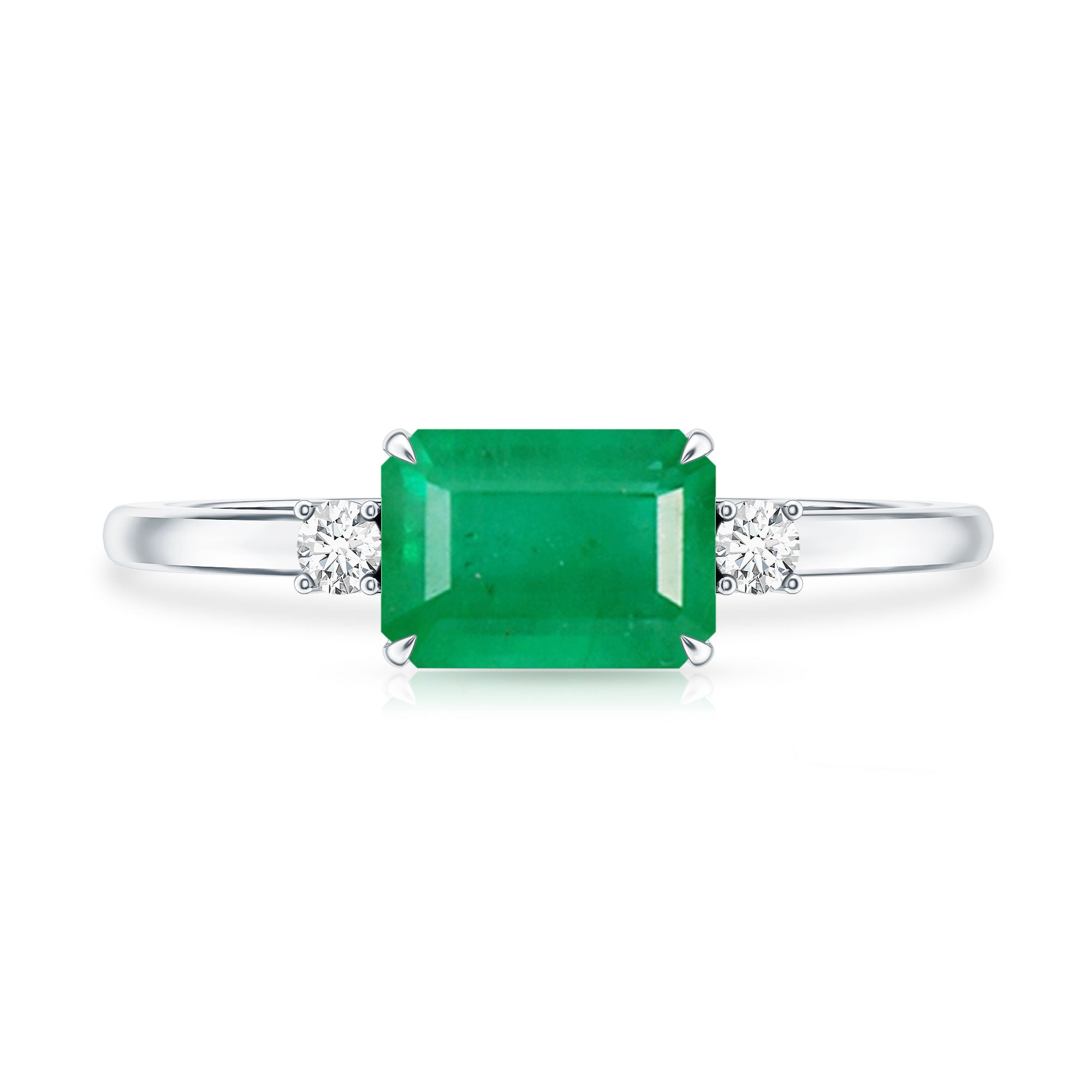Real Emerald Cut Emerald East West Engagement Ring with Diamond AAA - Rosec Jewels