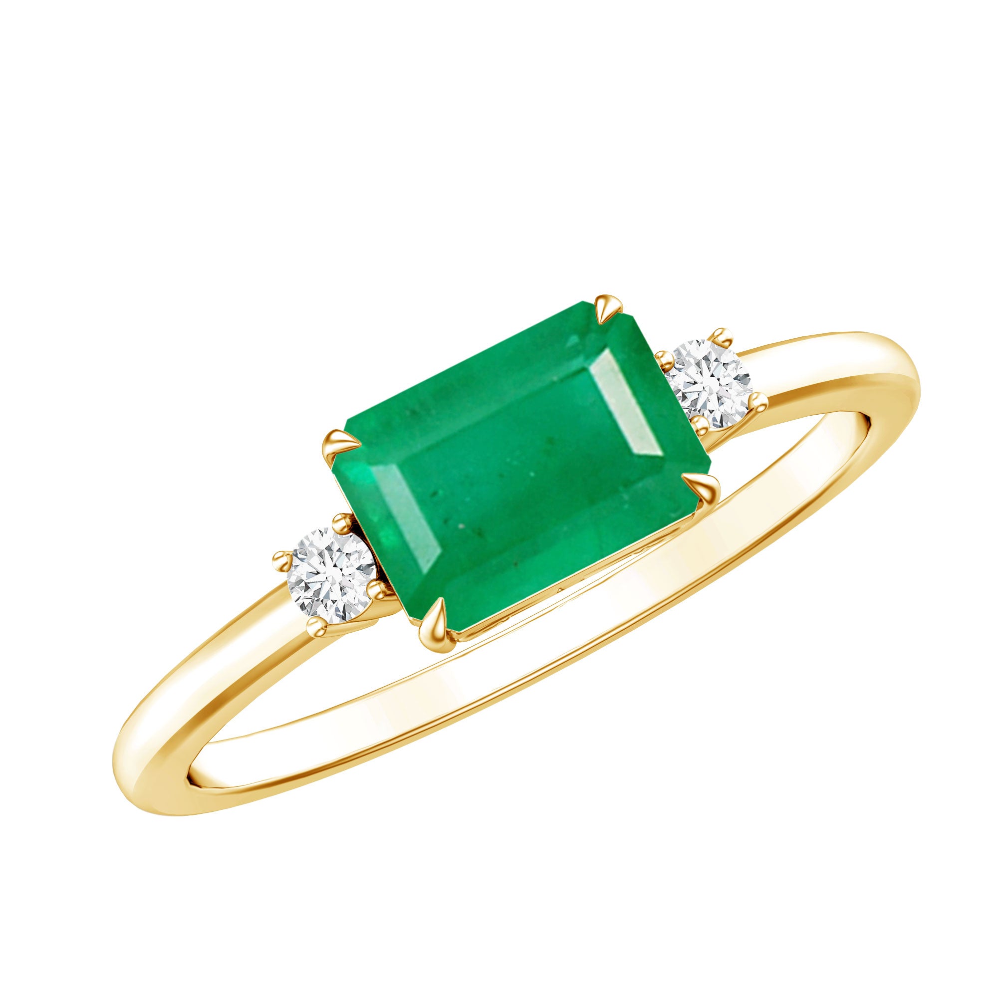 Real Emerald Cut Emerald East West Engagement Ring with Diamond AAA - Rosec Jewels