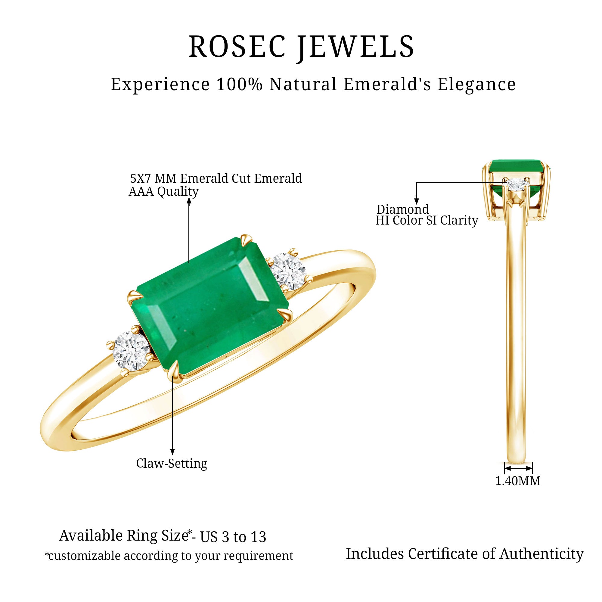Real Emerald Cut Emerald East West Engagement Ring with Diamond AAA - Rosec Jewels