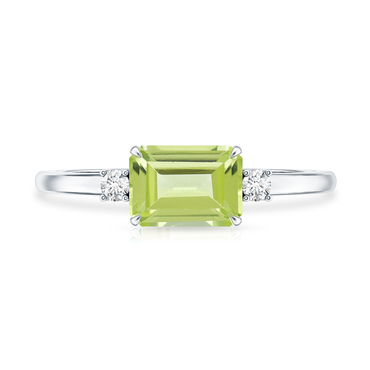 Real 1.8 Carat Peridot Emerald Cut Engagement Ring with Diamond in East West Style AAA - Rosec Jewels