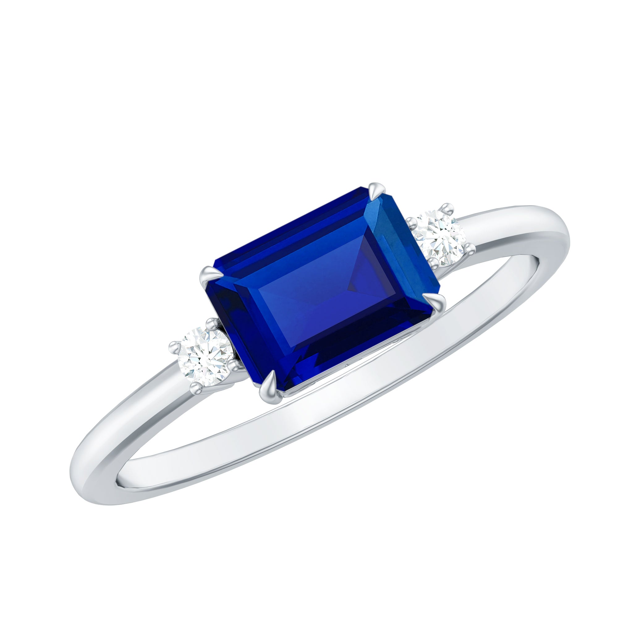 Octagon Cut Created Blue Sapphire East West Engagement Ring with Diamond AAAA - Rosec Jewels