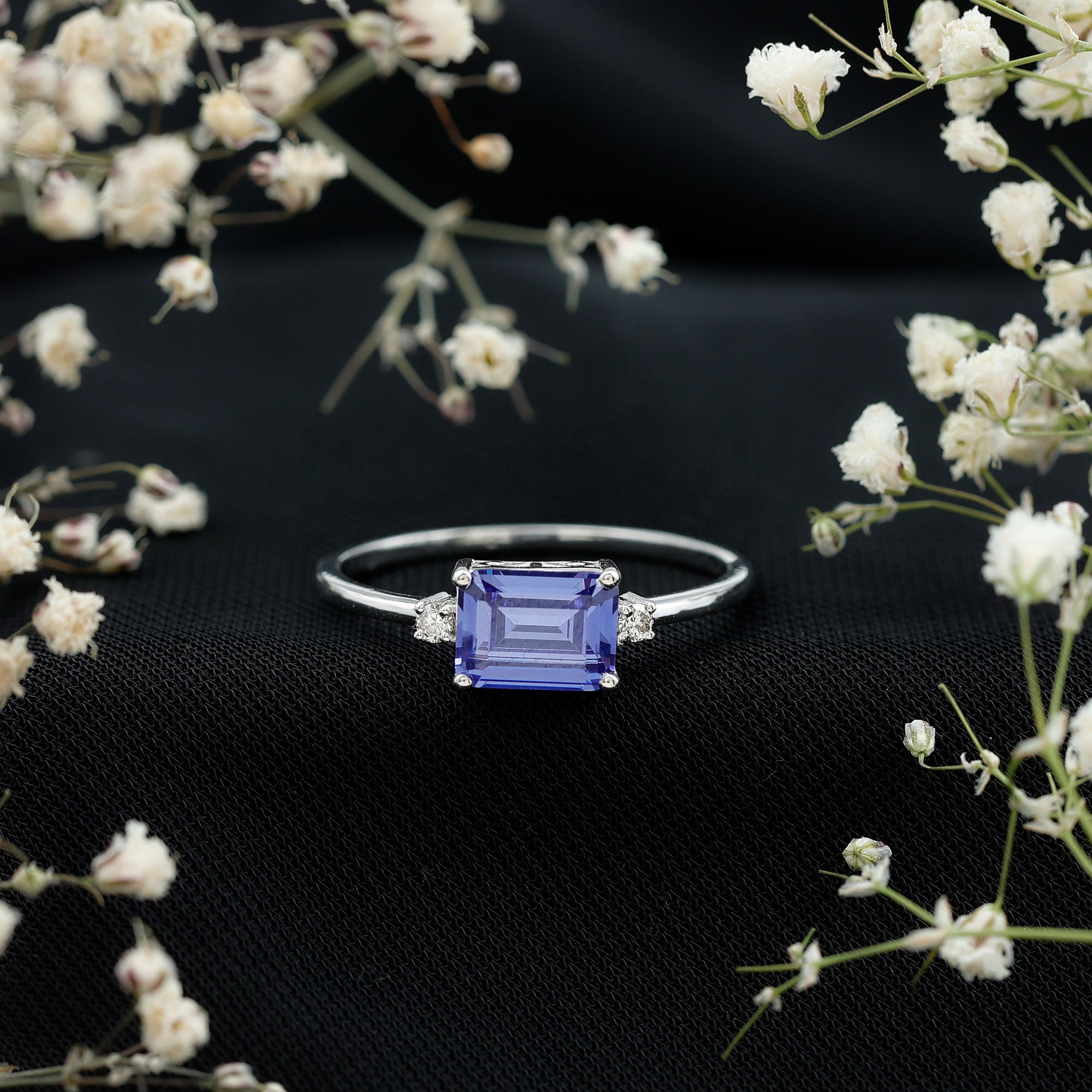 Octagon Cut Created Blue Sapphire East West Engagement Ring with Diamond AAAA - Rosec Jewels