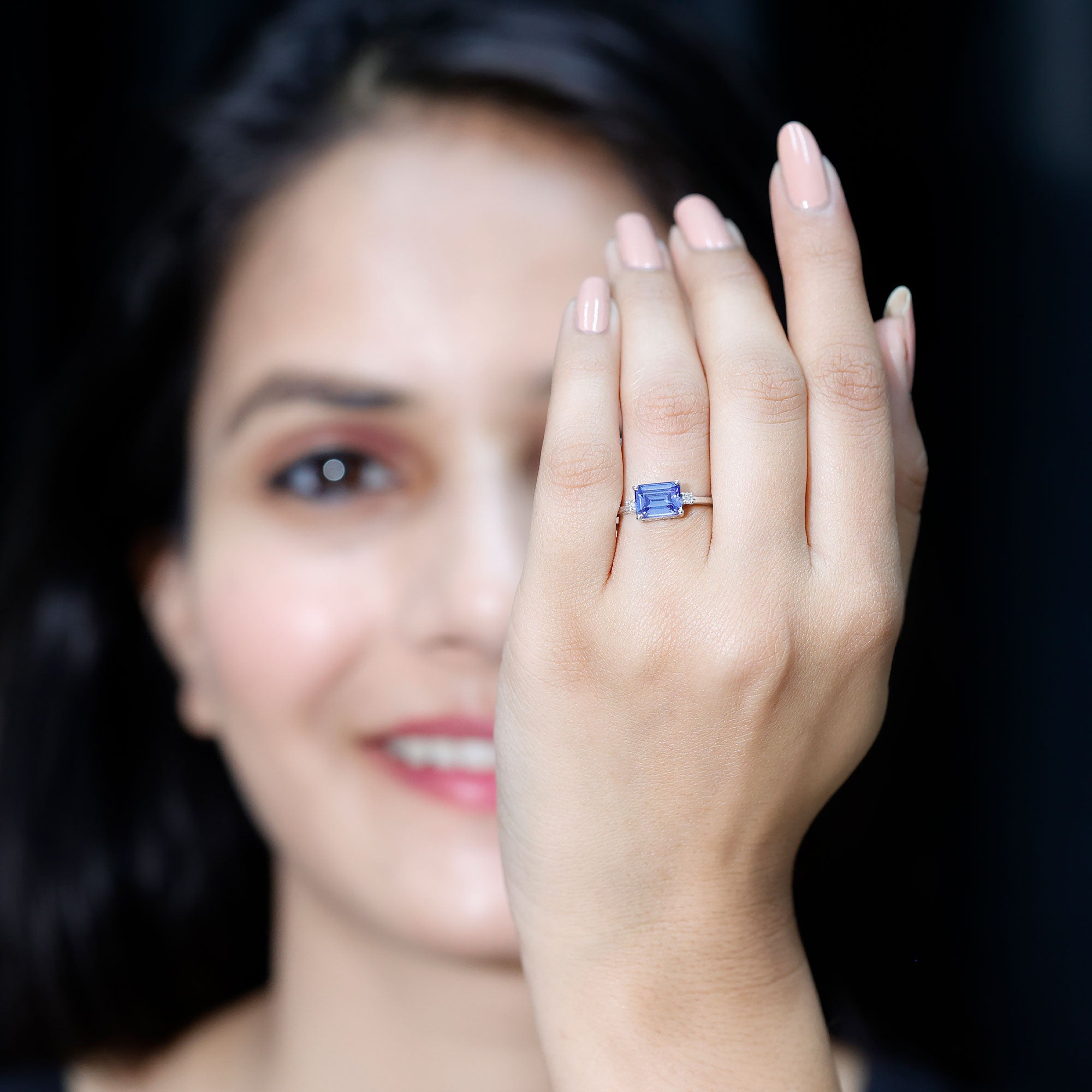 Octagon Cut Created Blue Sapphire East West Engagement Ring with Diamond AAAA - Rosec Jewels