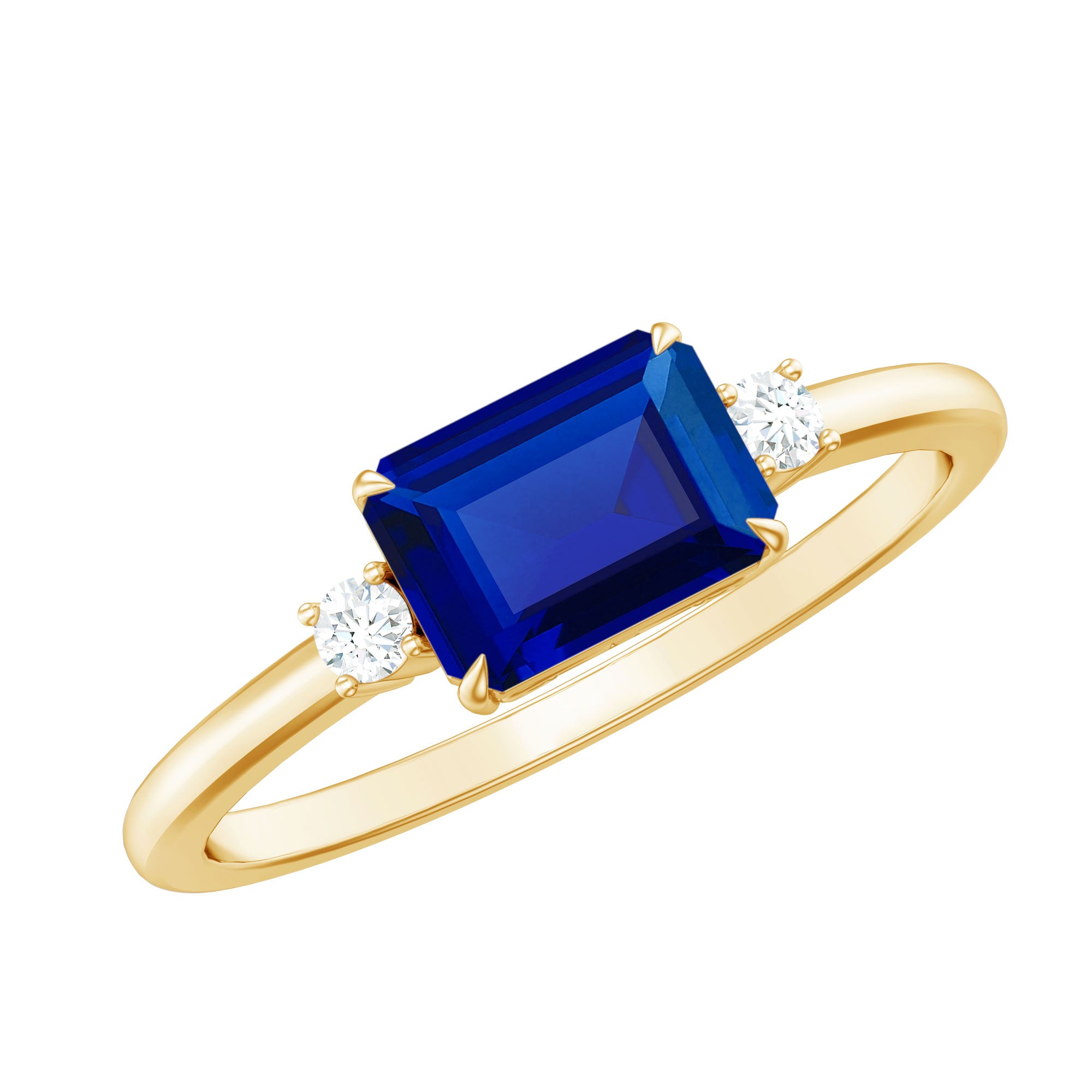 Octagon Cut Created Blue Sapphire East West Engagement Ring with Diamond AAAA - Rosec Jewels