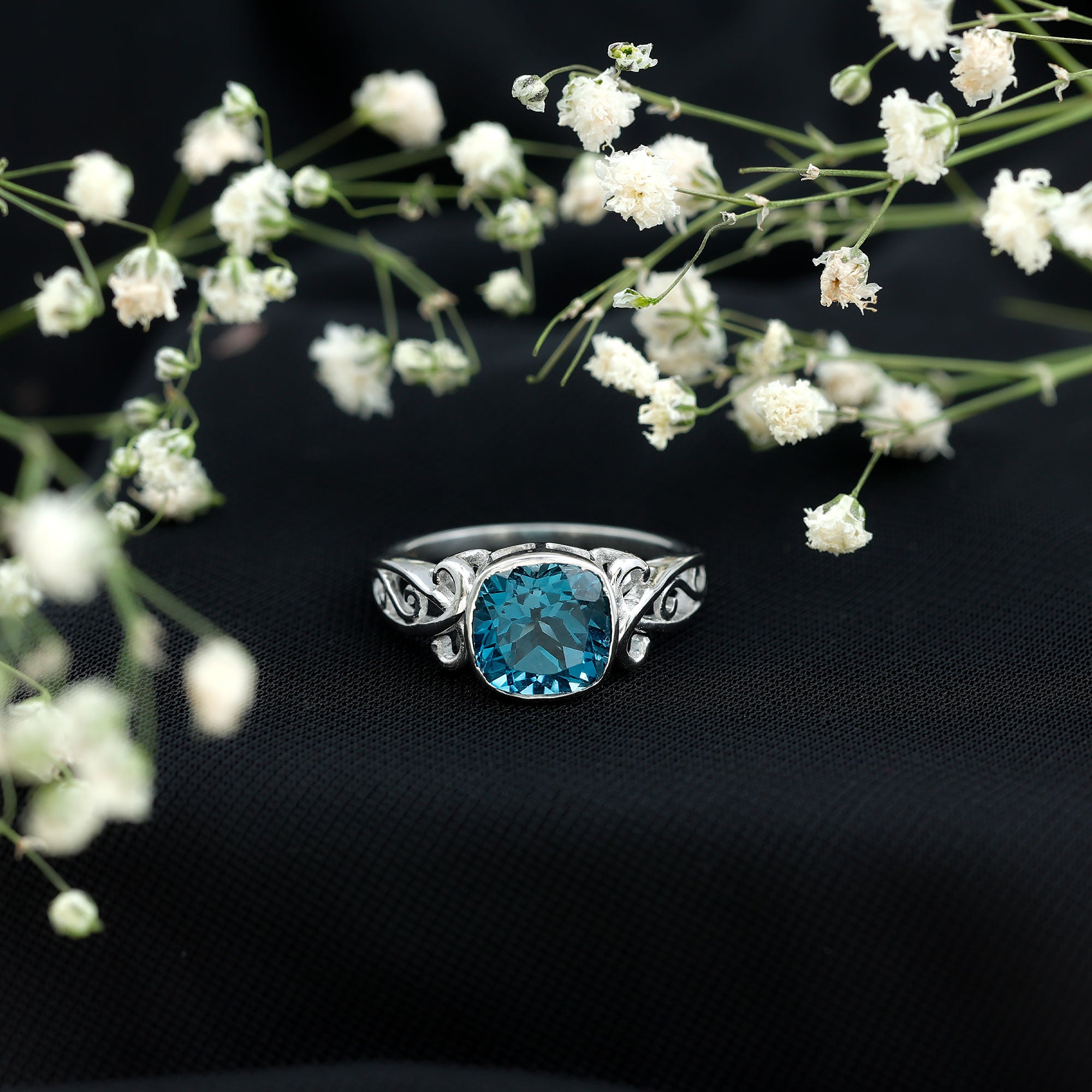 8mm Cushion Cut London Blue Topaz Vintage Solitaire Ring AAA - Rosec Jewels