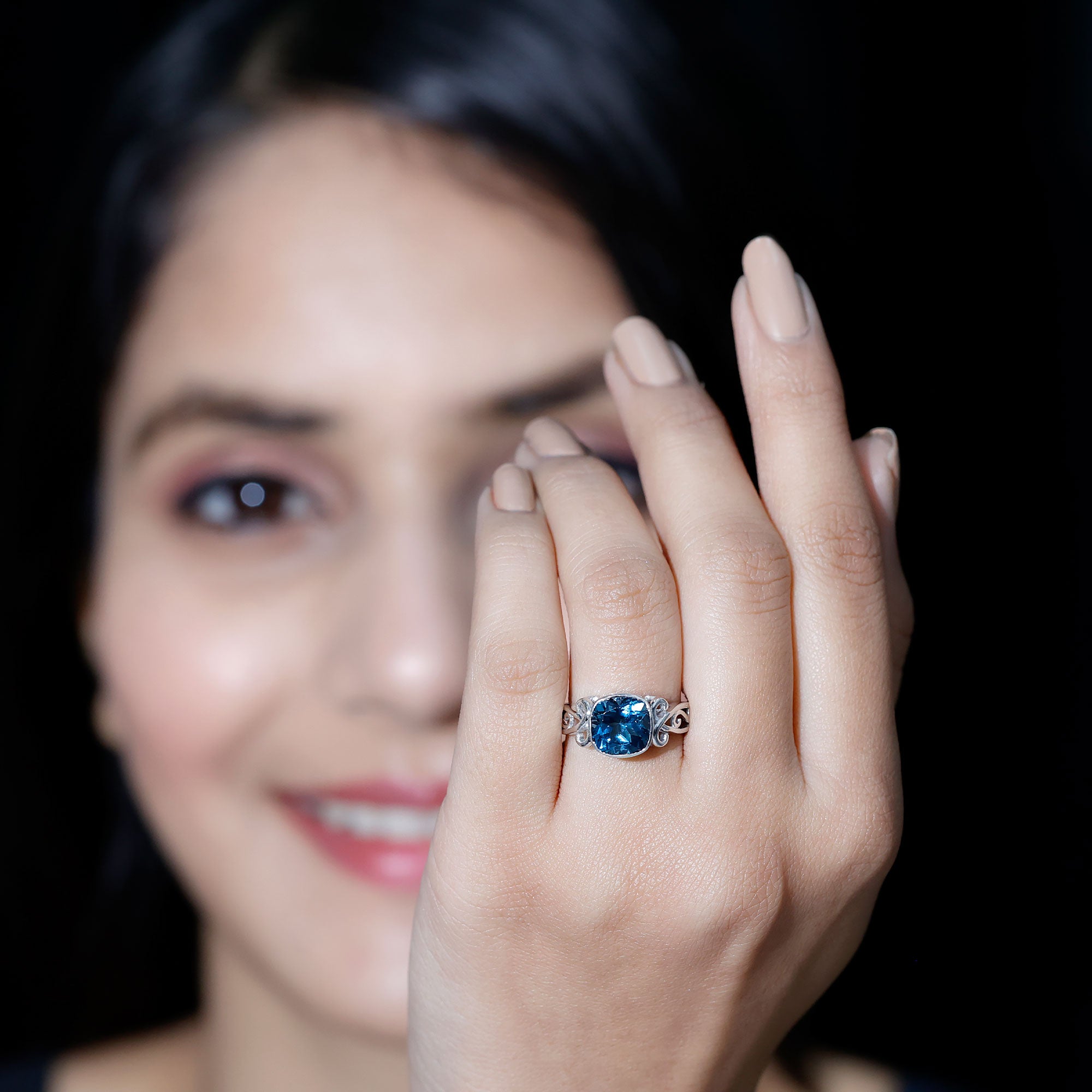 8mm Cushion Cut London Blue Topaz Vintage Solitaire Ring AAA - Rosec Jewels