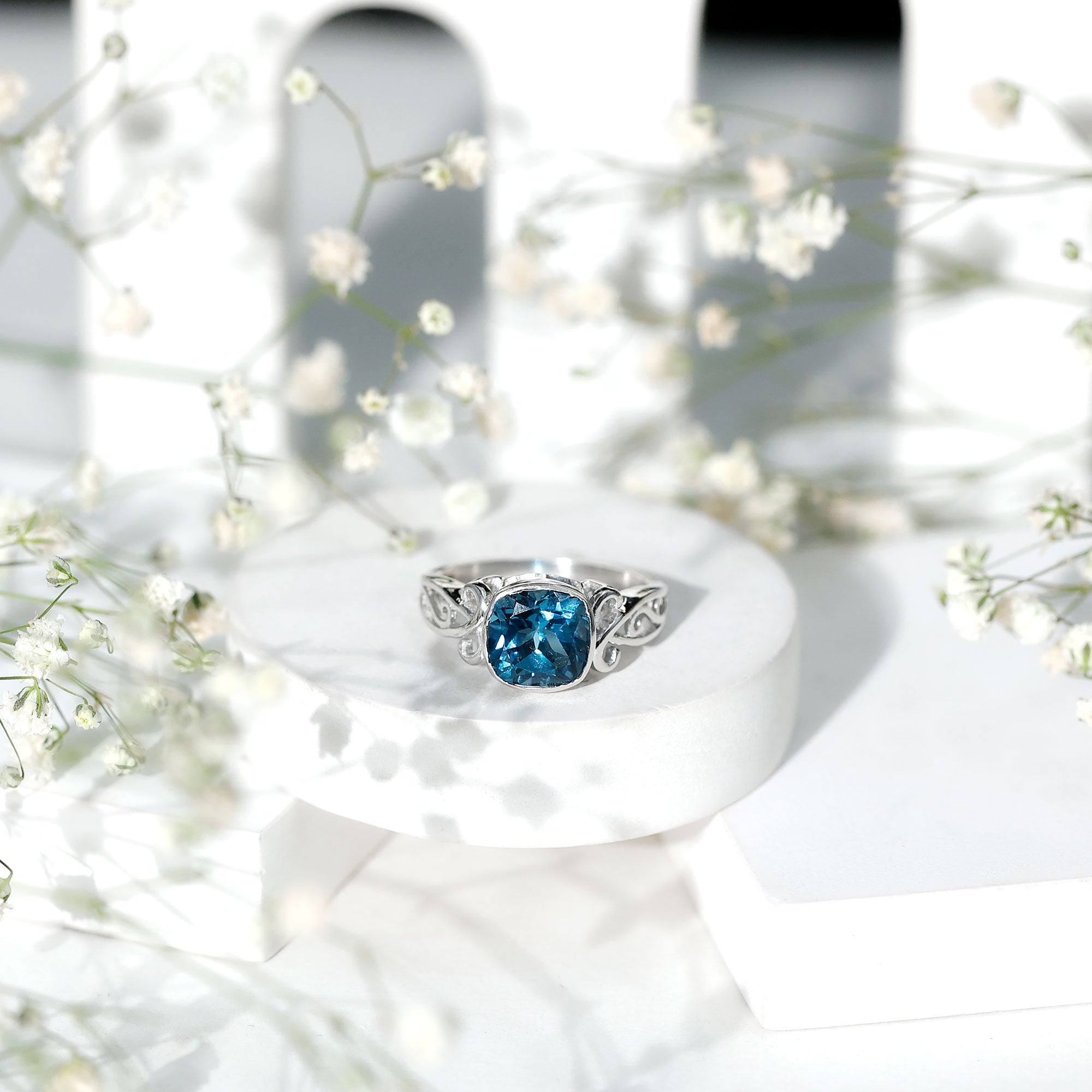 8mm Cushion Cut London Blue Topaz Vintage Solitaire Ring AAA - Rosec Jewels