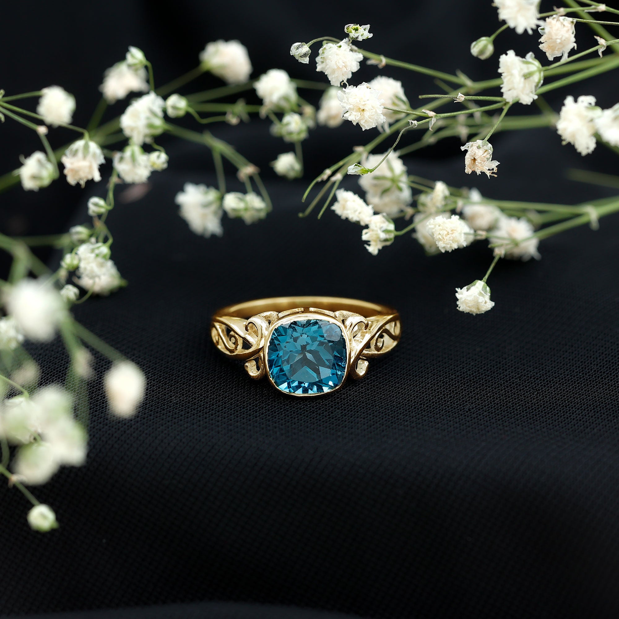 8mm Cushion Cut London Blue Topaz Vintage Solitaire Ring AAA - Rosec Jewels