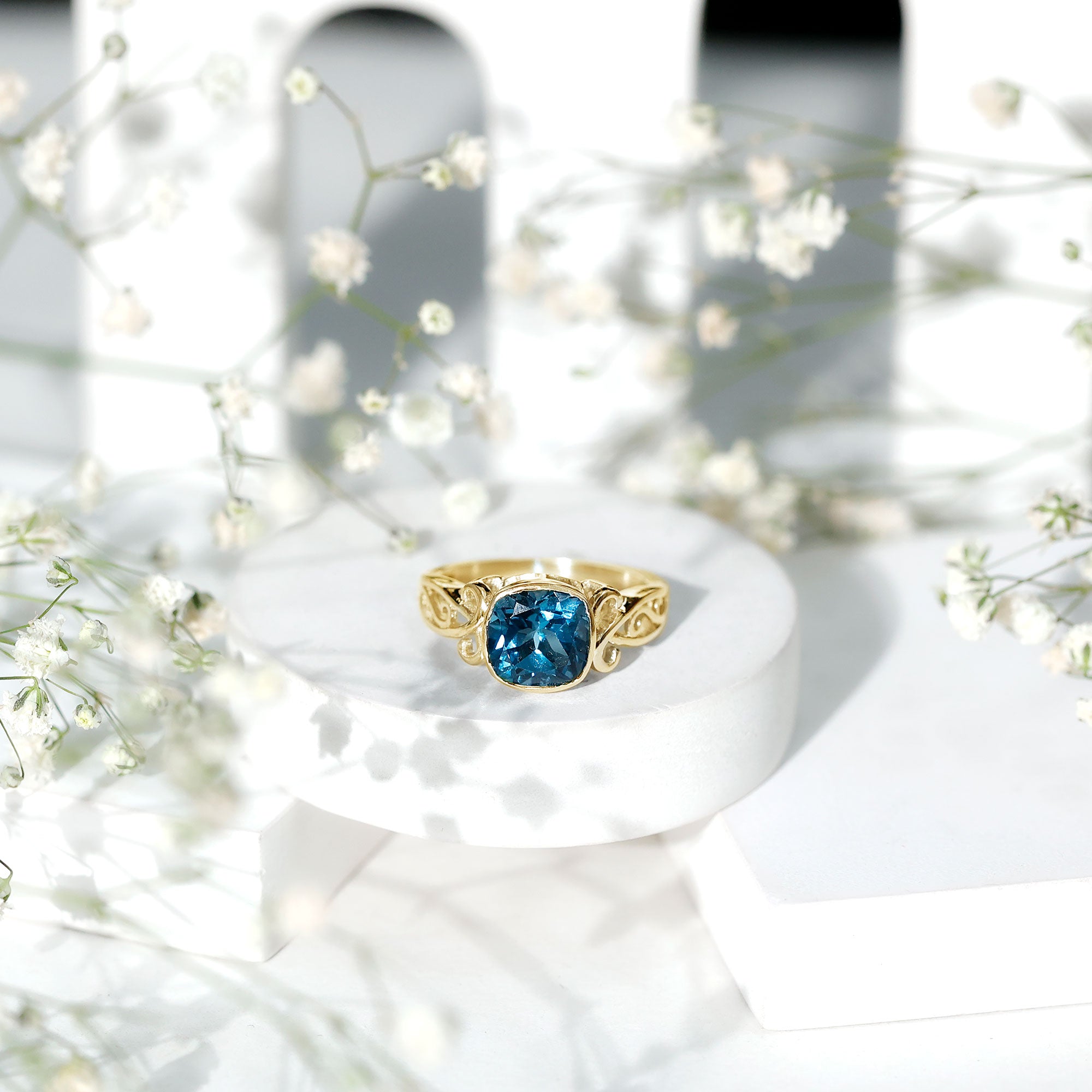 8mm Cushion Cut London Blue Topaz Vintage Solitaire Ring AAA - Rosec Jewels