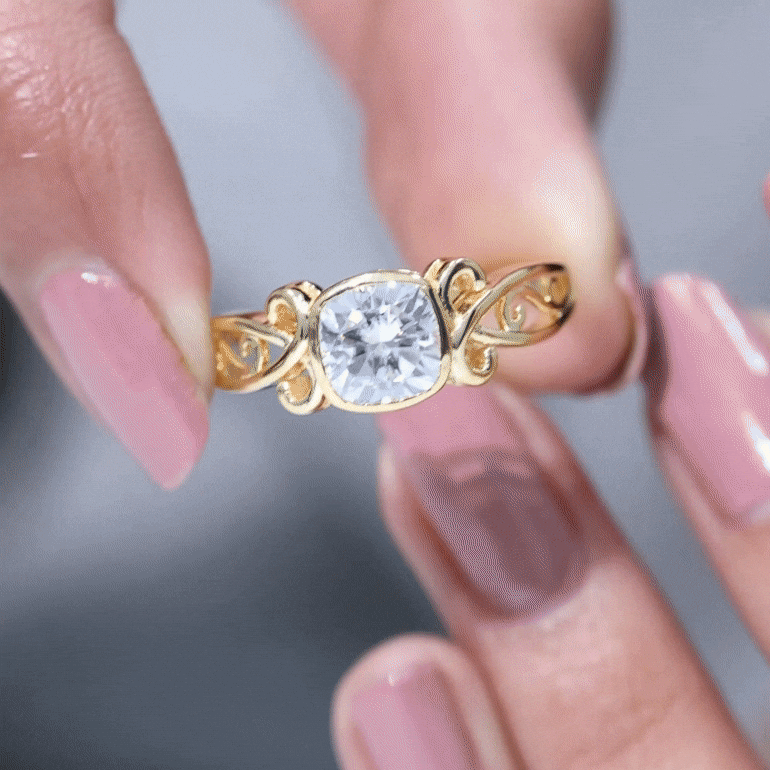 Rosec Jewels-Vintage Style Cushion Moissanite Solitaire Ring in Bezel Setting