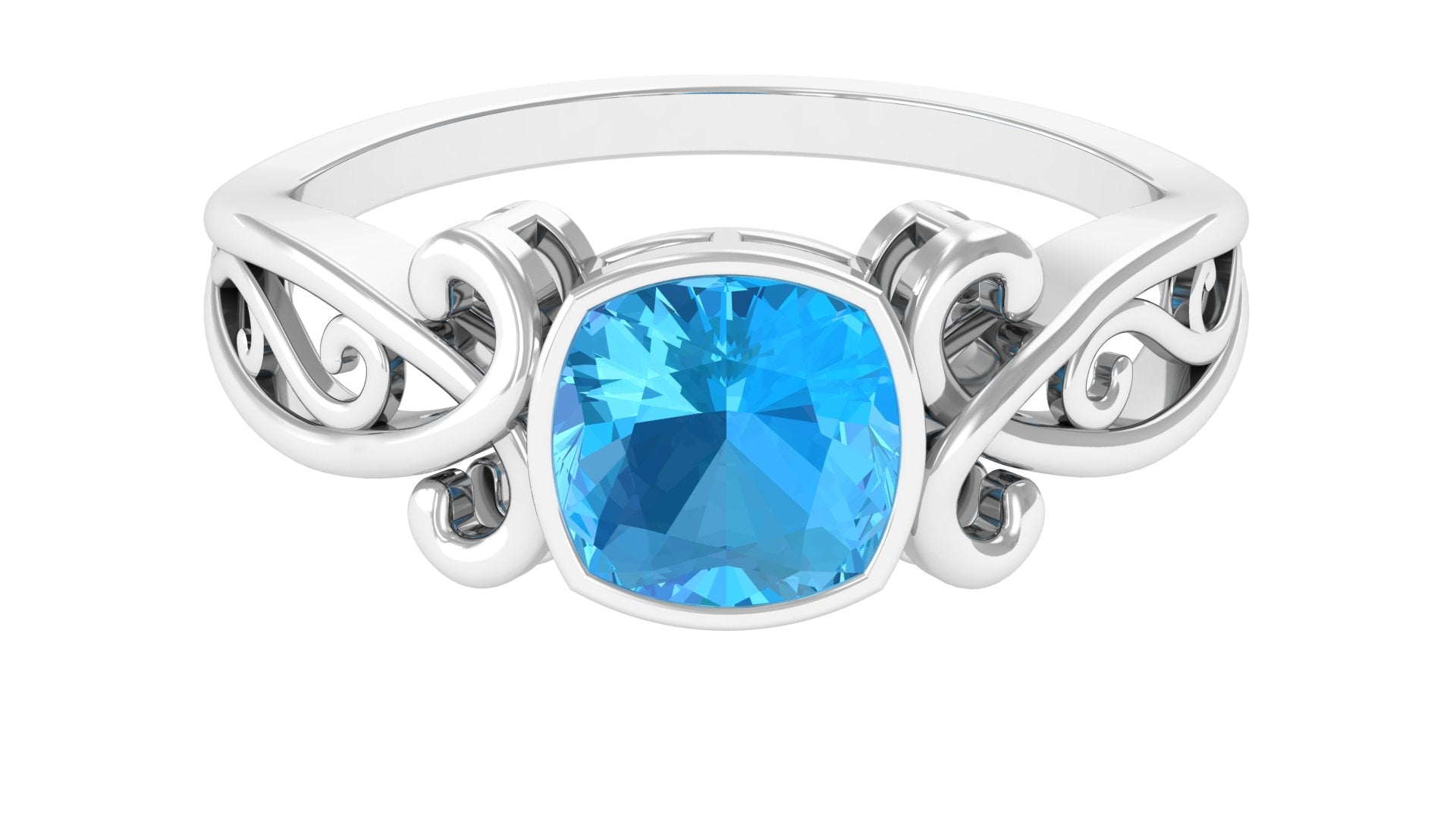 Cushion Cut Swiss Blue Topaz Vintage Solitaire Ring in Bezel Setting
