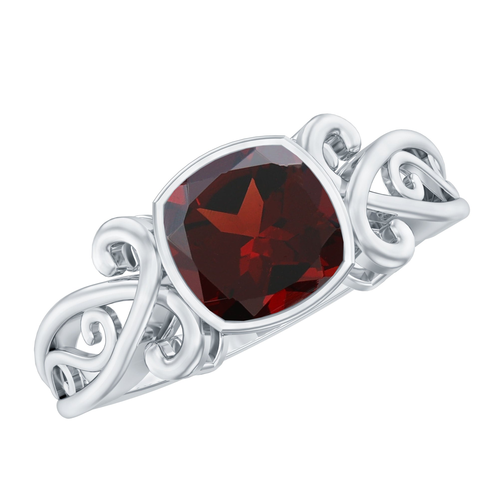 Vintage Style Cushion Garnet Solitaire Ring in Bezel Setting