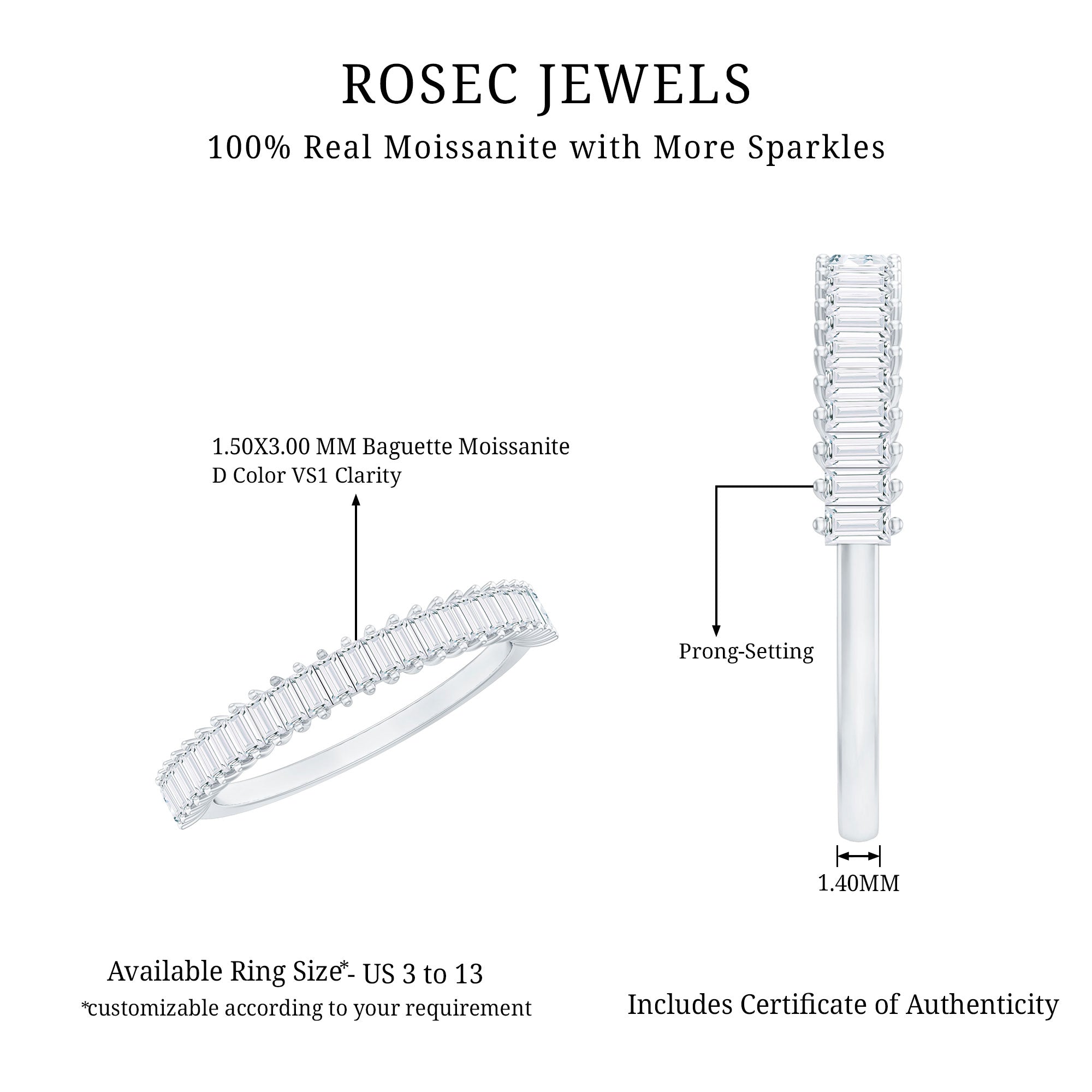 Rosec Jewels-Certified Baguette Moissanite Half Eternity Anniversary Band Ring