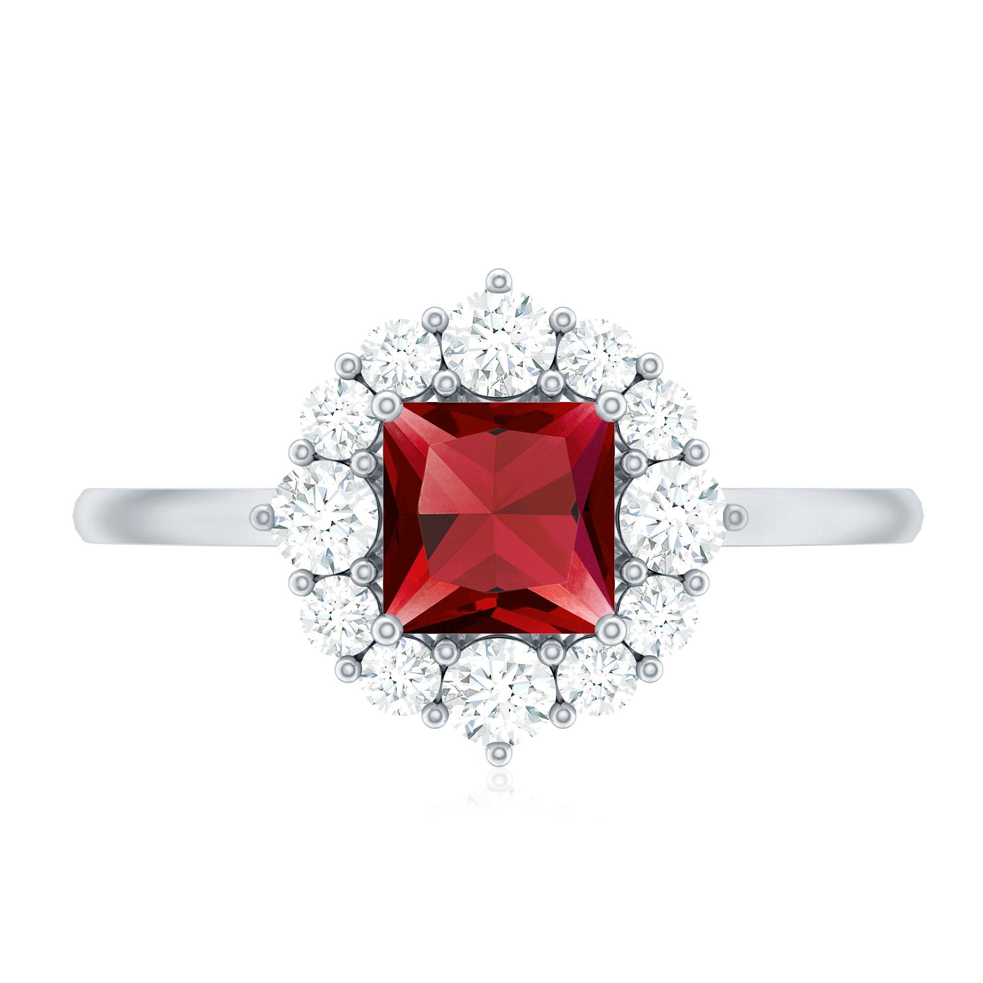 Certified Lab Grown Ruby Princess Cut Engagement Ring with Diamond Halo AAAA - Rosec Jewels