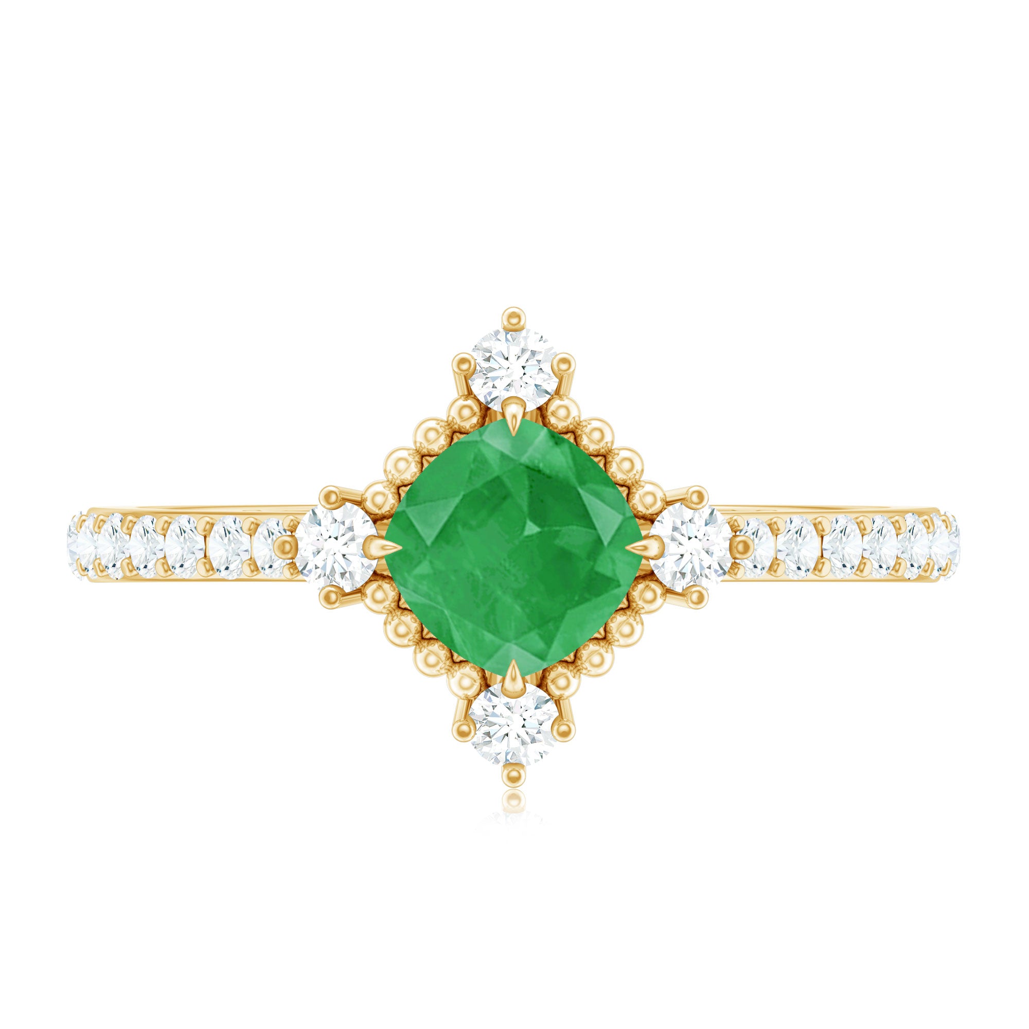 Antique Looking Real Emerald Cushion Cut Engagement Ring with Diamond AAA - Rosec Jewels
