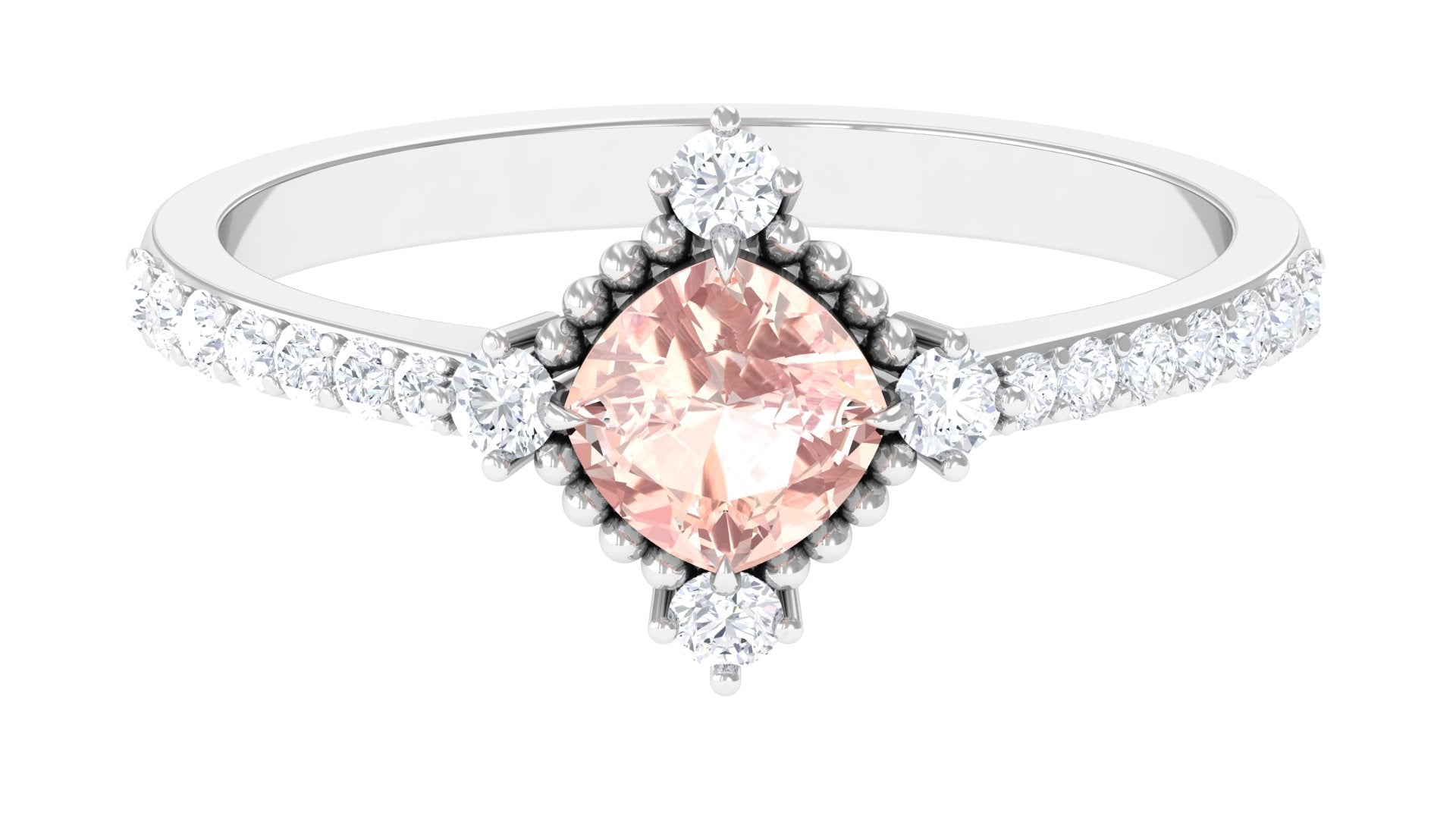 Cushion Cut Morganite Solitaire Engagement Ring with Diamond Side Stones
