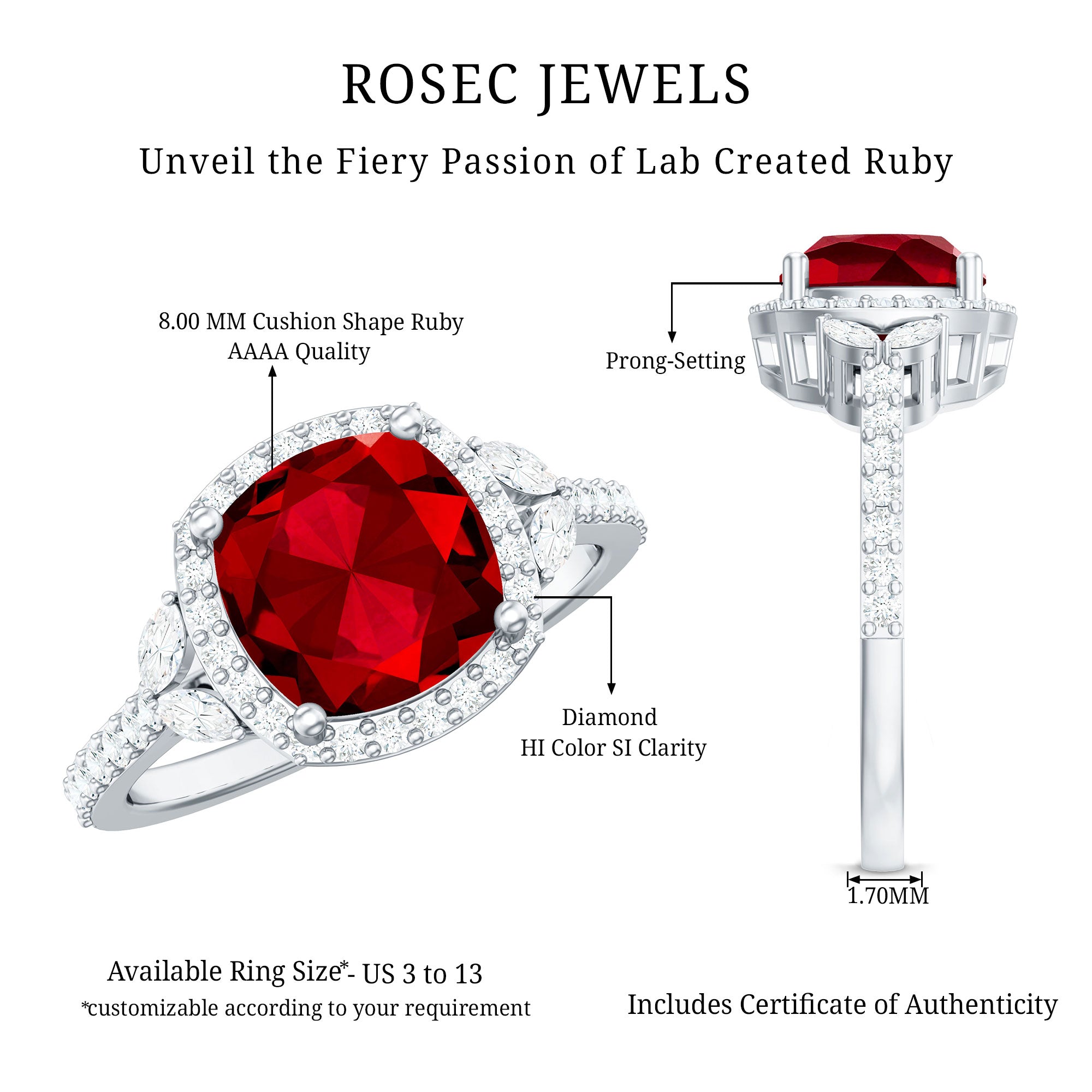 Rosec Jewels-Certified Cushion Cut Lab Ruby and Diamond Halo Engagement Ring