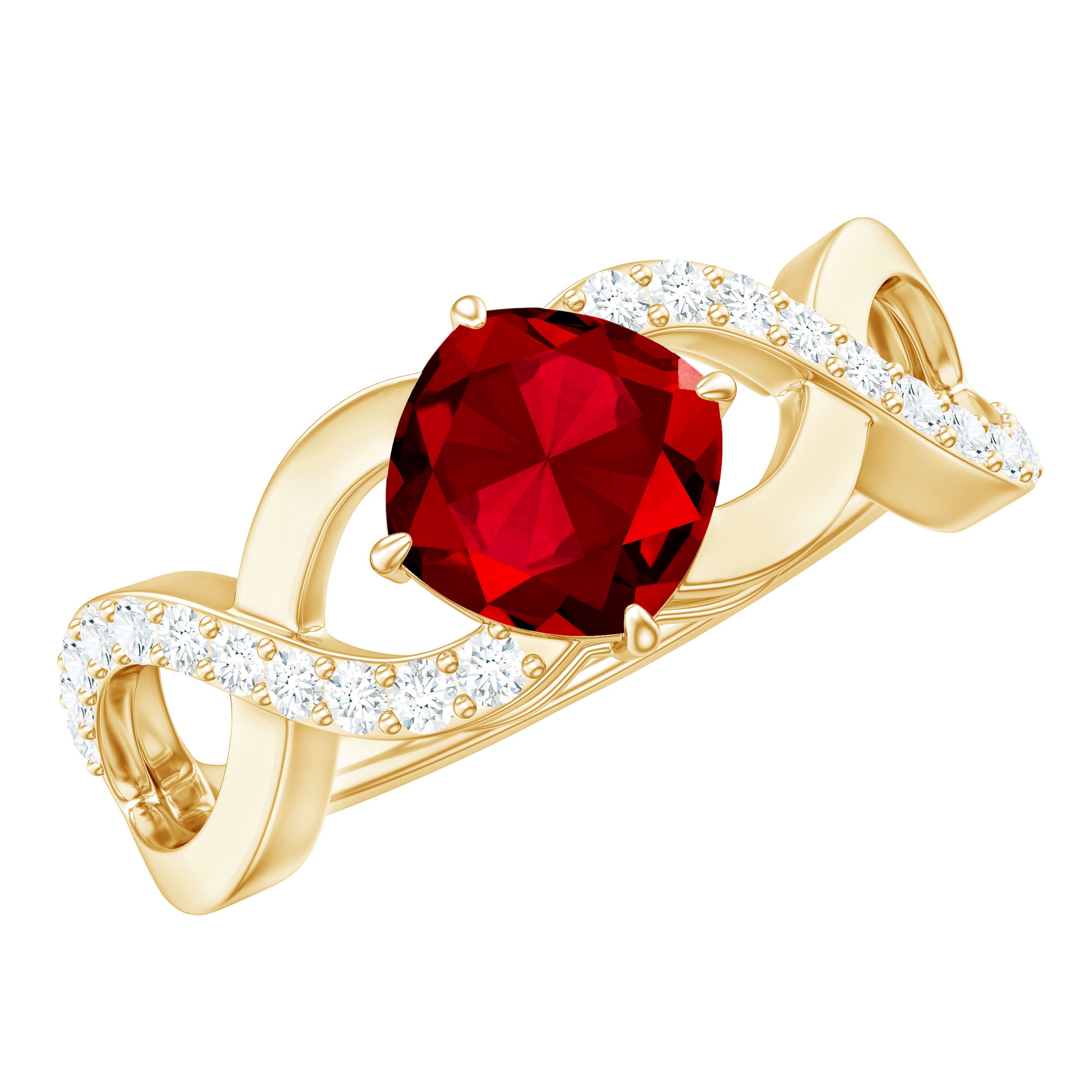 Cushion Cut Lab Grown Ruby and Diamond Crossover Engagement Ring AAAA - Rosec Jewels