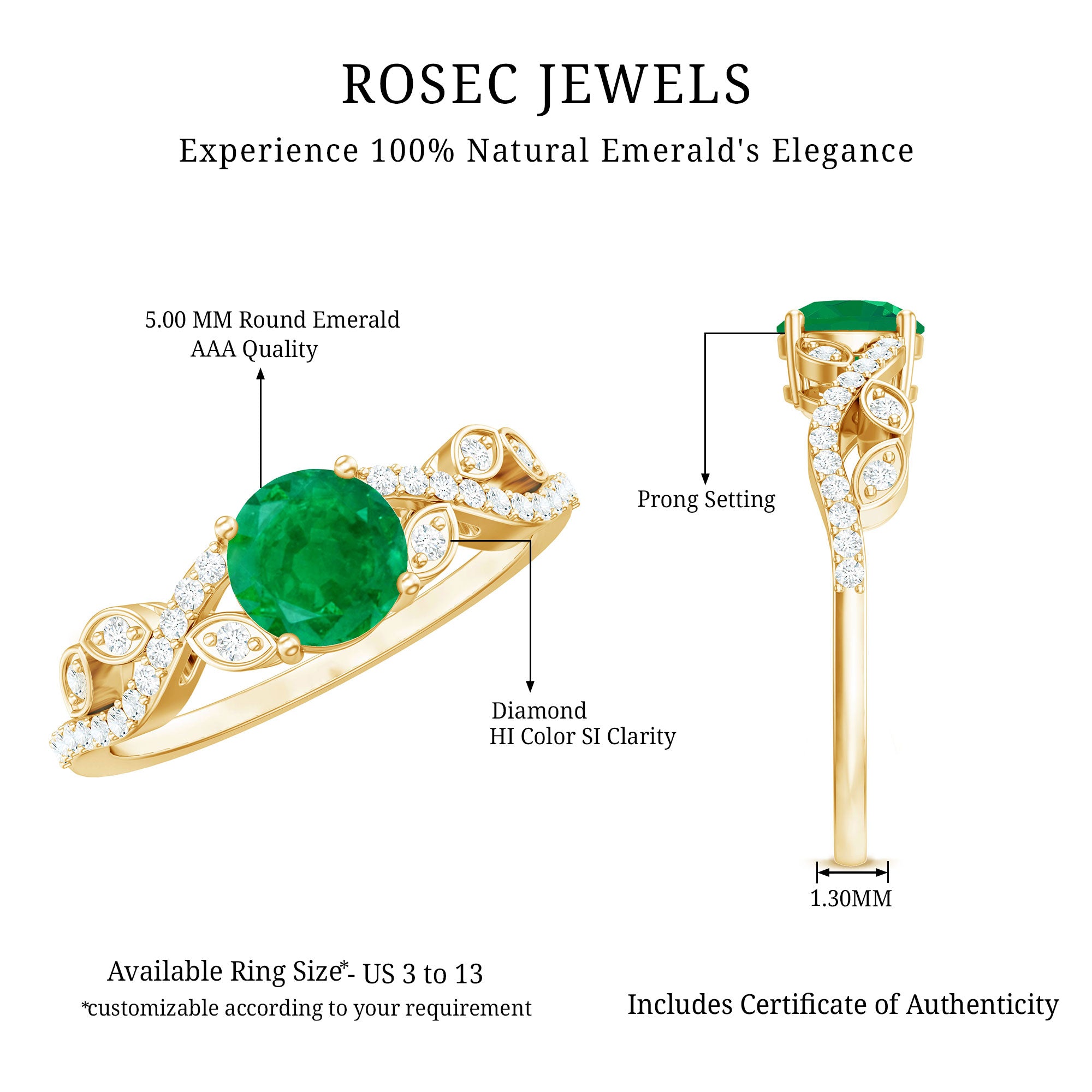 Nature Inspired Emerald Engagement Ring with Natural Diamond AAA - Rosec Jewels