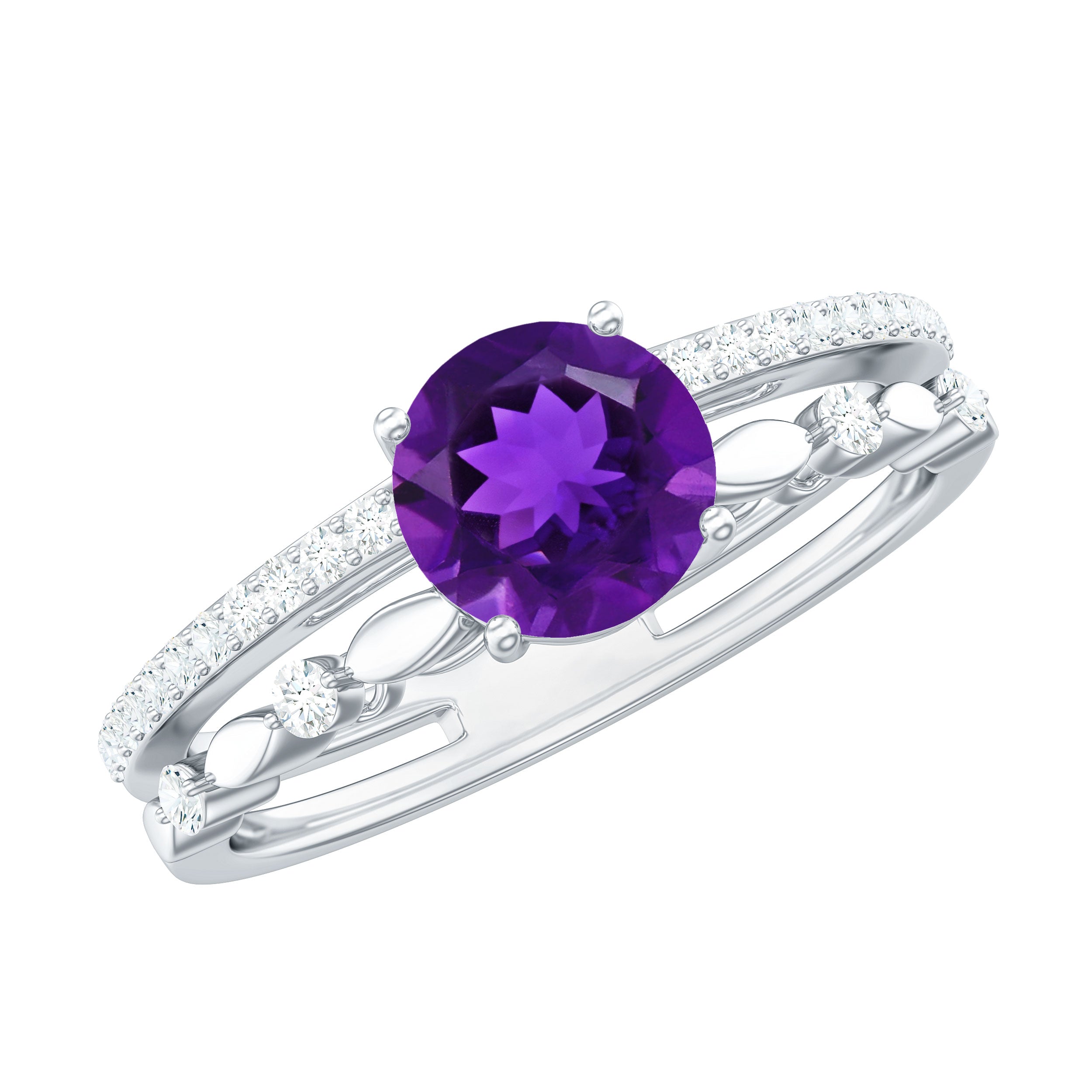 Round Shape Amethyst Solitaire Double Band Ring with Diamond
