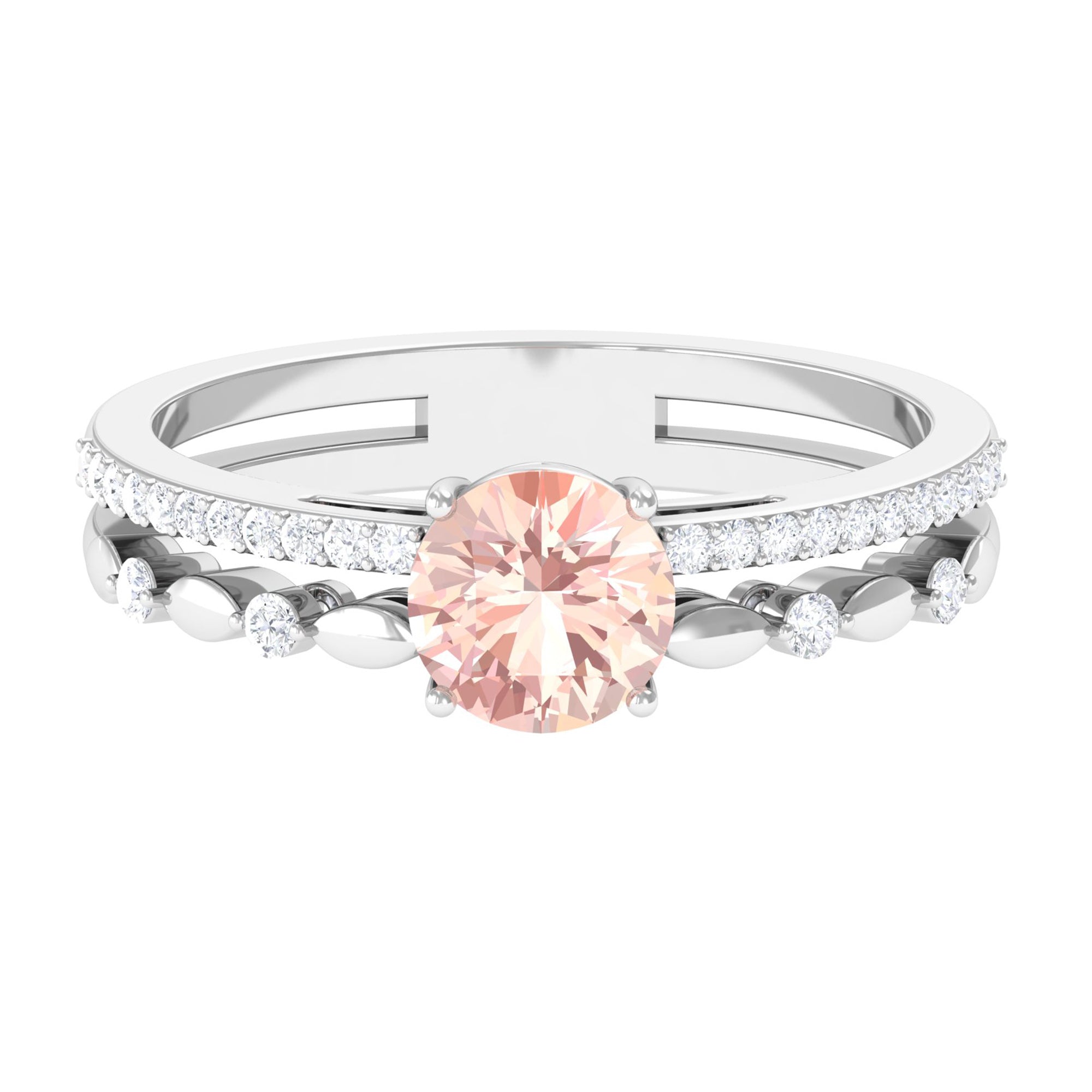 Round Shape Morganite Solitaire Double Band Ring with Diamond