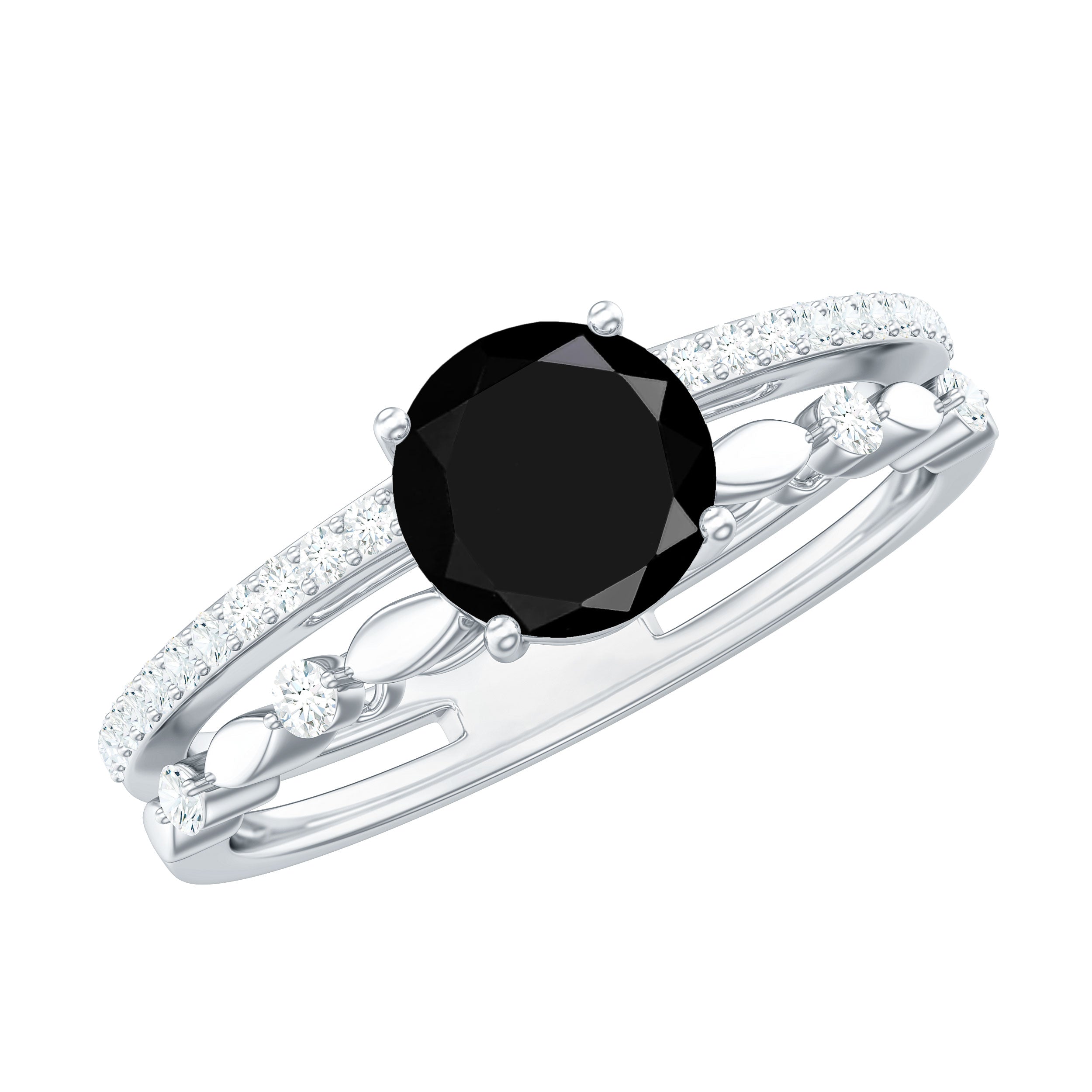 8mm Round Black Onyx and Diamond Promise Engagement Double Band Ring