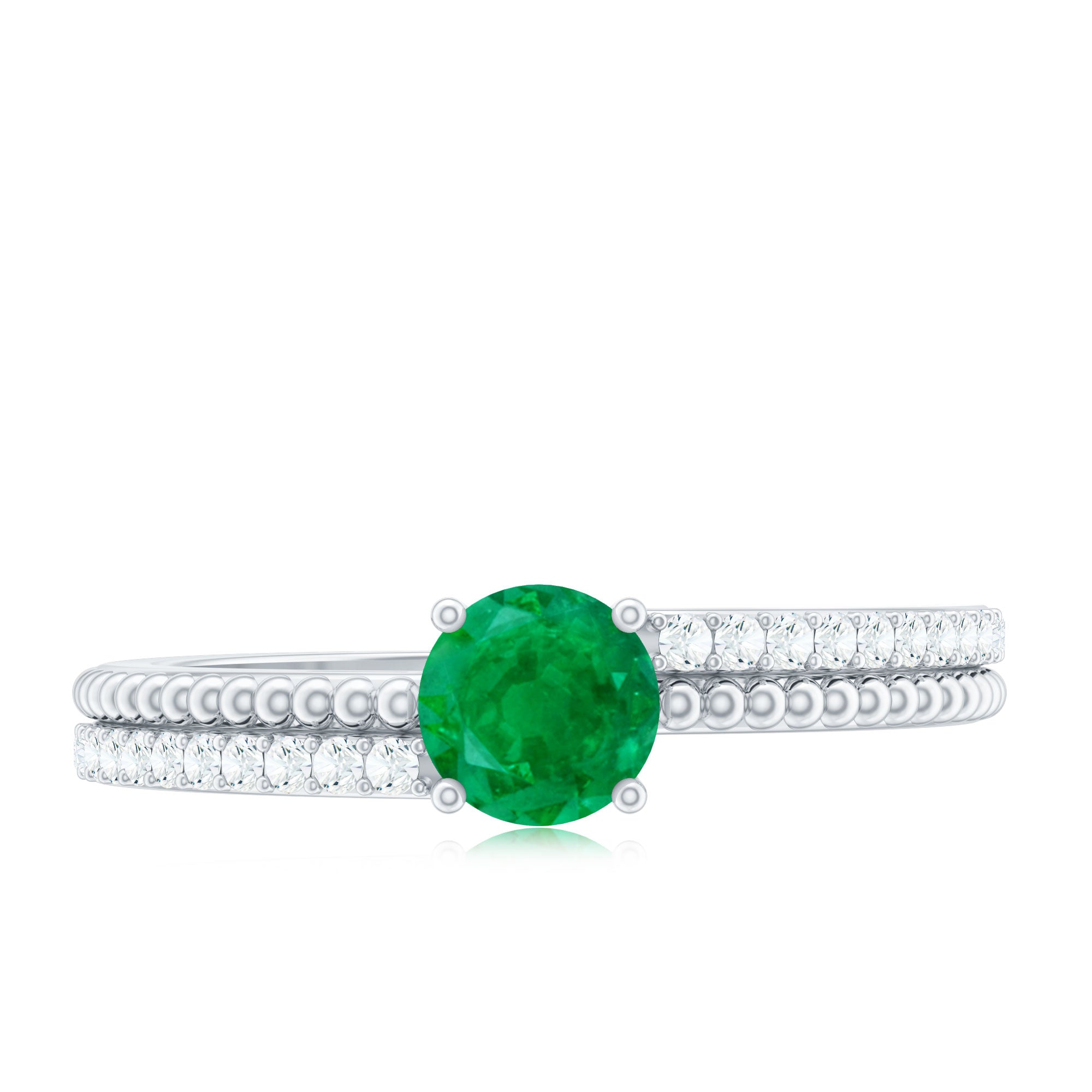 Certified Real Emerald Diamond Engagement Ring with Beaded Detailing AAA - Rosec Jewels